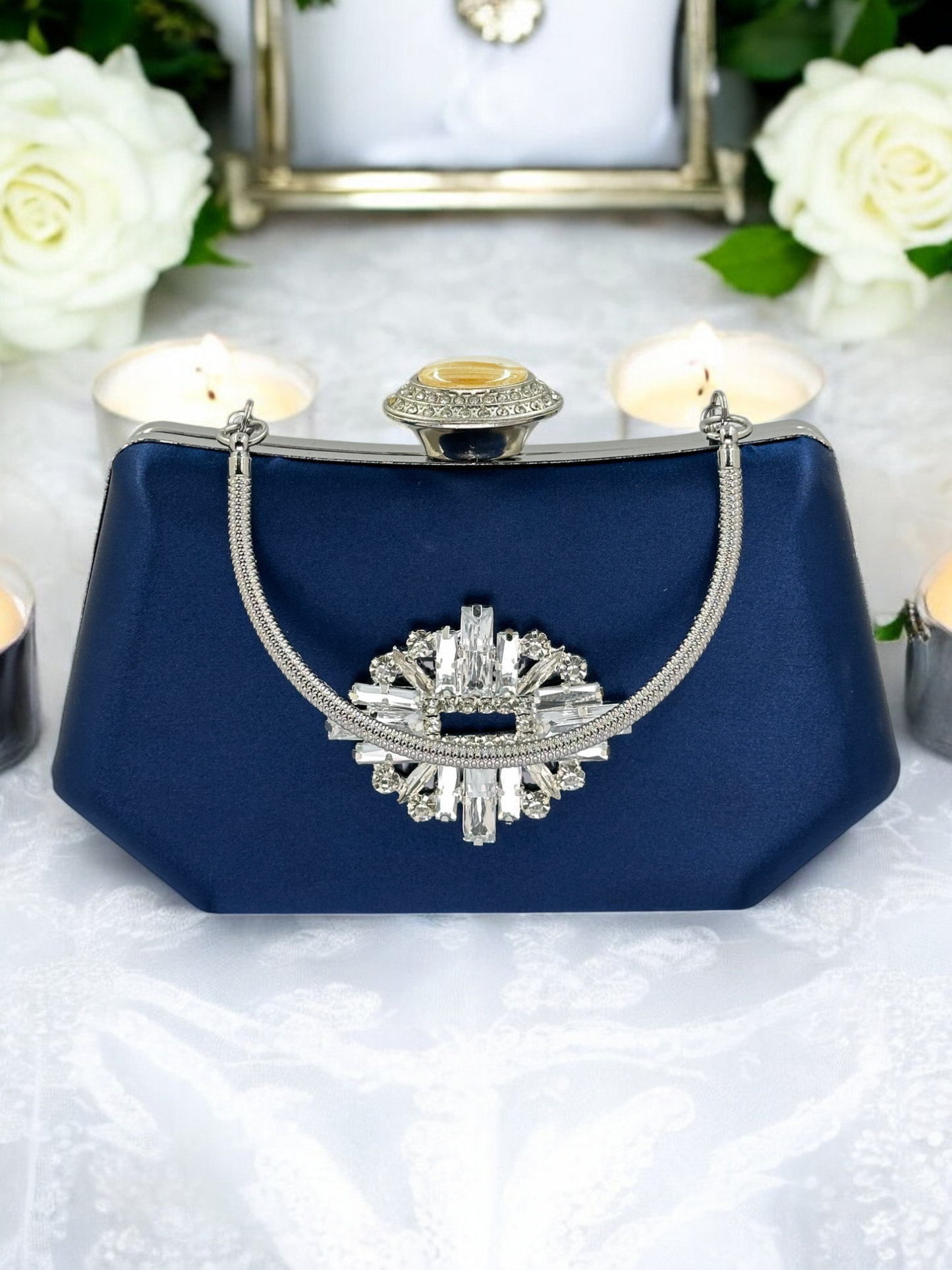 Lacivert Saten Kristal Taşlı İnci Detaylı Abiye Çanta