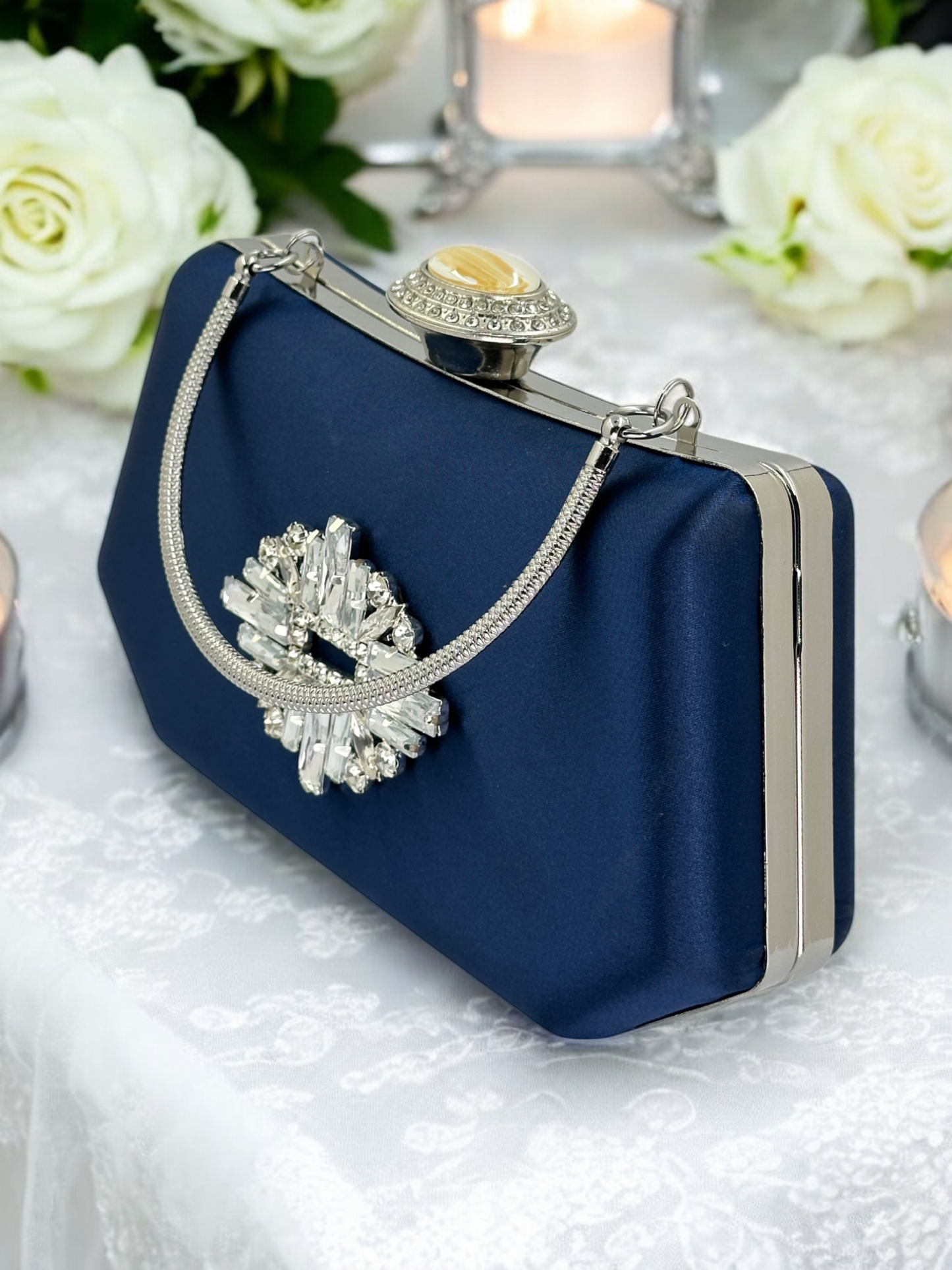 Lacivert Saten Kristal Taşlı İnci Detaylı Abiye Çanta