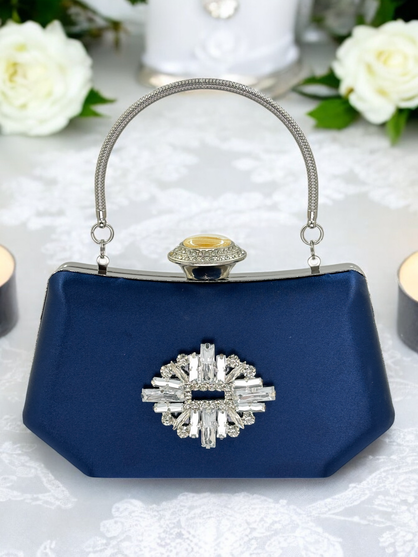 Lacivert Saten Kristal Taşlı İnci Detaylı Abiye Çanta
