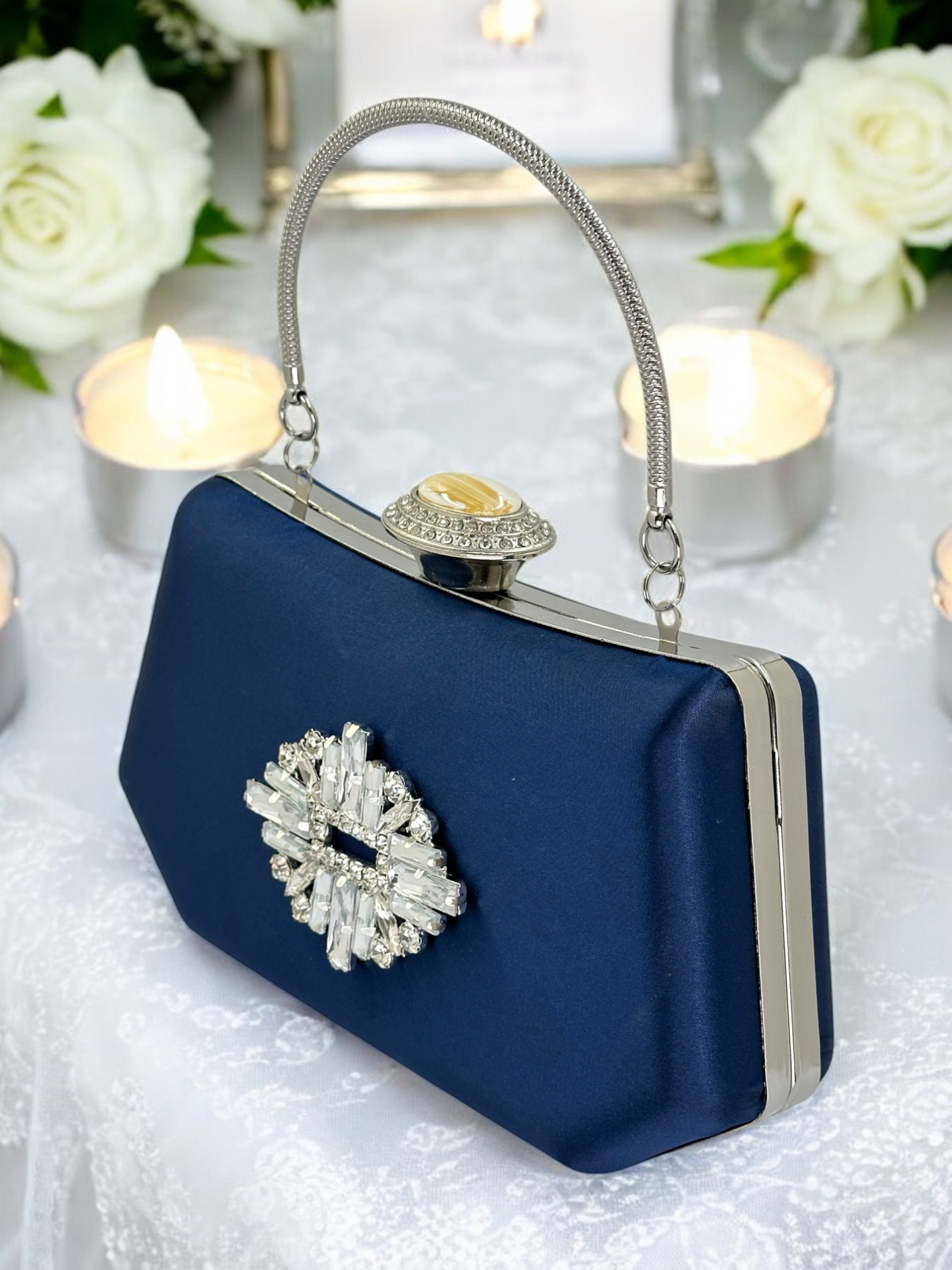 Lacivert Saten Kristal Taşlı İnci Detaylı Abiye Çanta