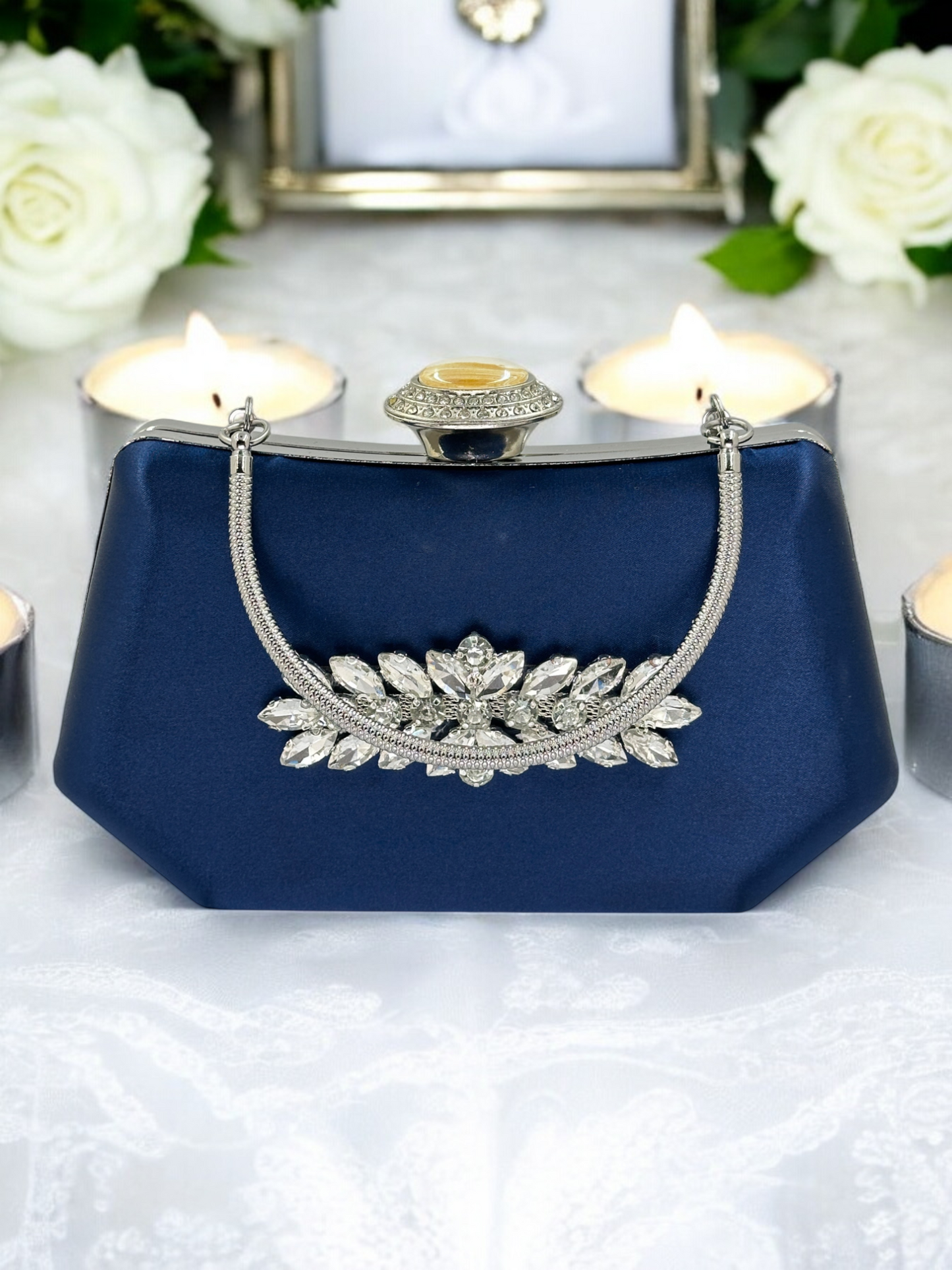 Lacivert Saten Kristal Taşlı İnci Detaylı Abiye Çanta