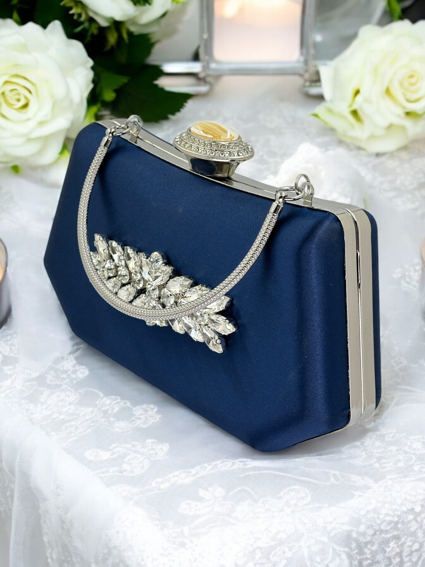 Lacivert Saten Kristal Taşlı İnci Detaylı Abiye Çanta