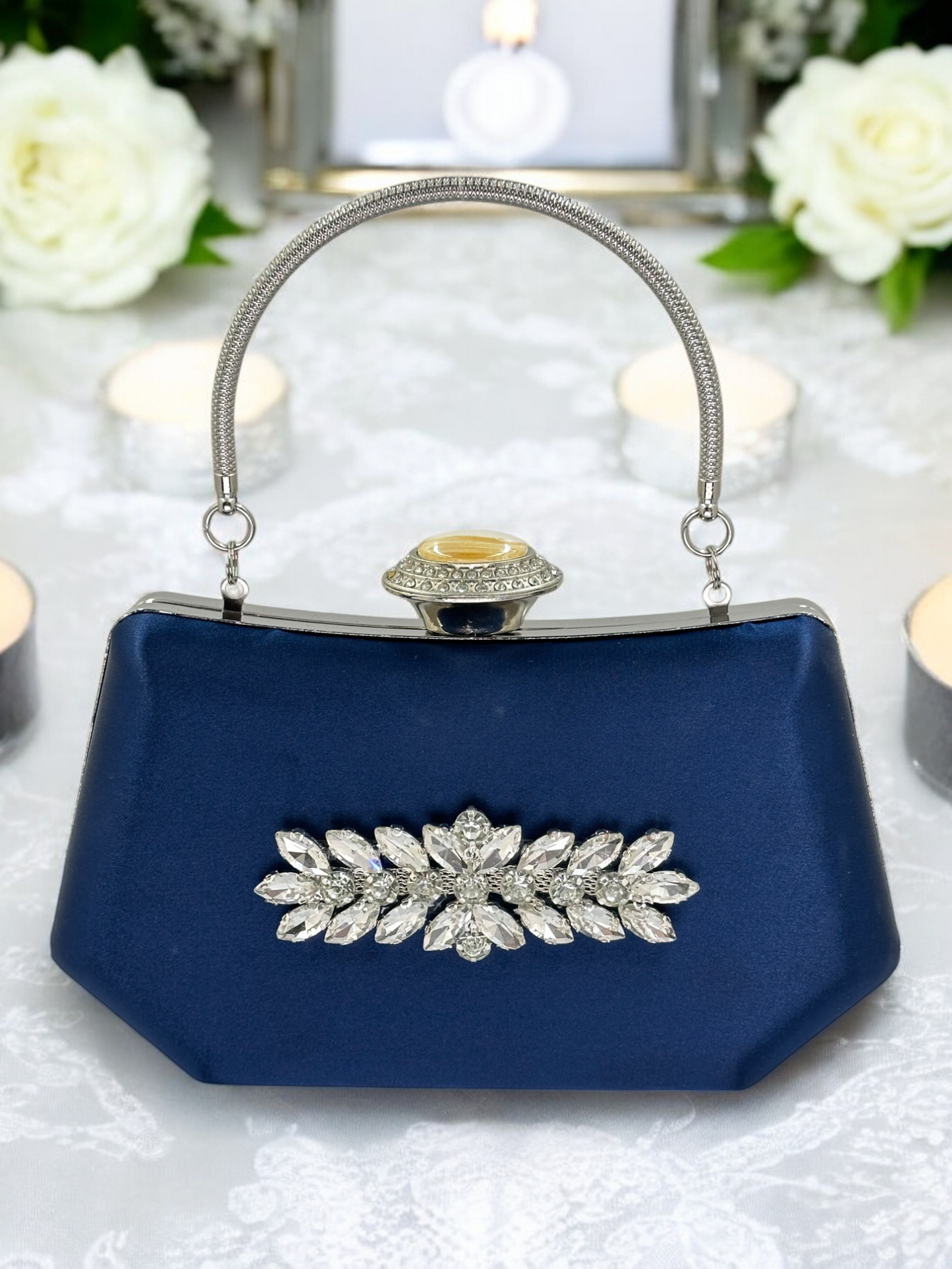Lacivert Saten Kristal Taşlı İnci Detaylı Abiye Çanta