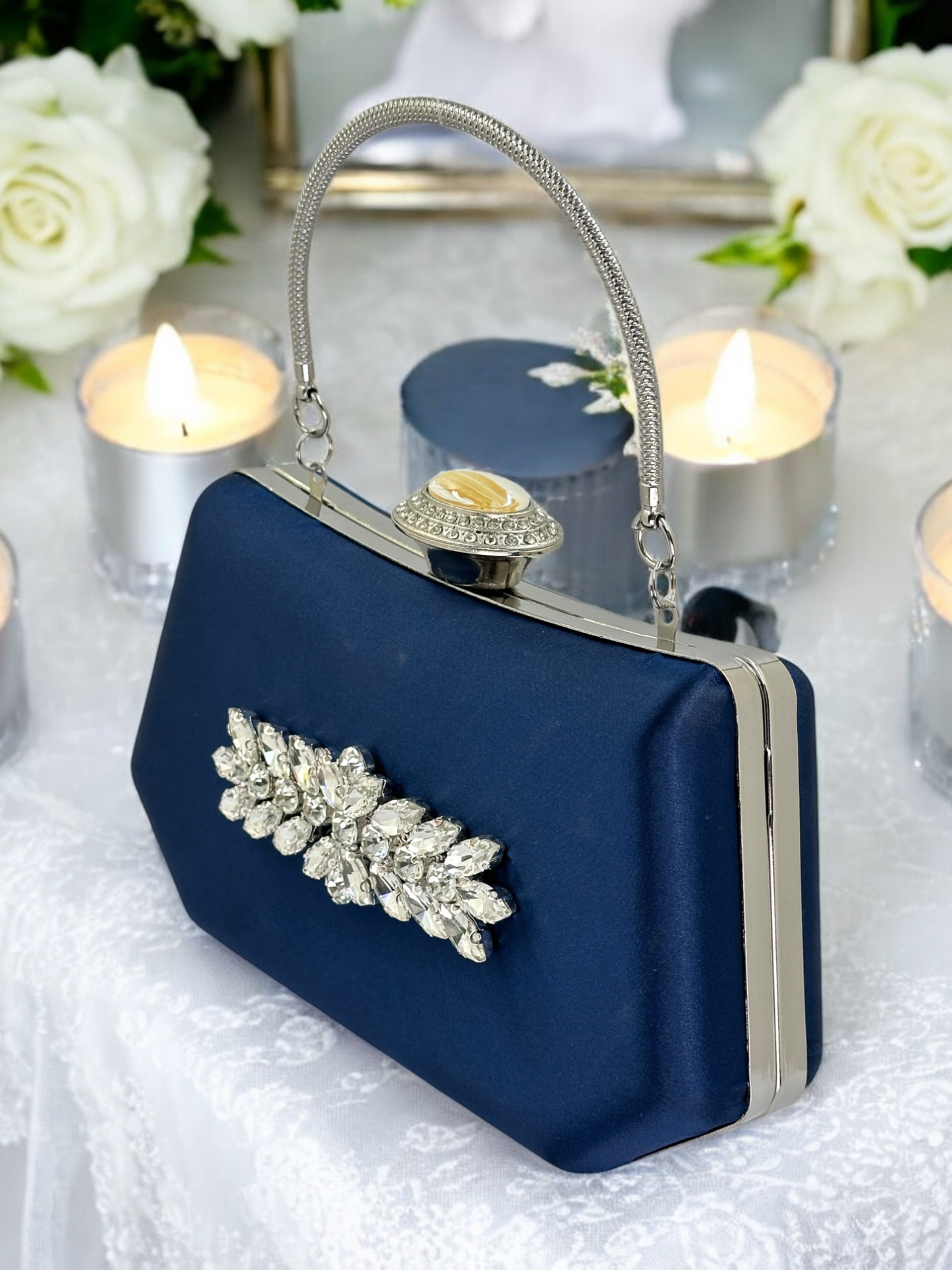 Lacivert Saten Kristal Taşlı İnci Detaylı Abiye Çanta