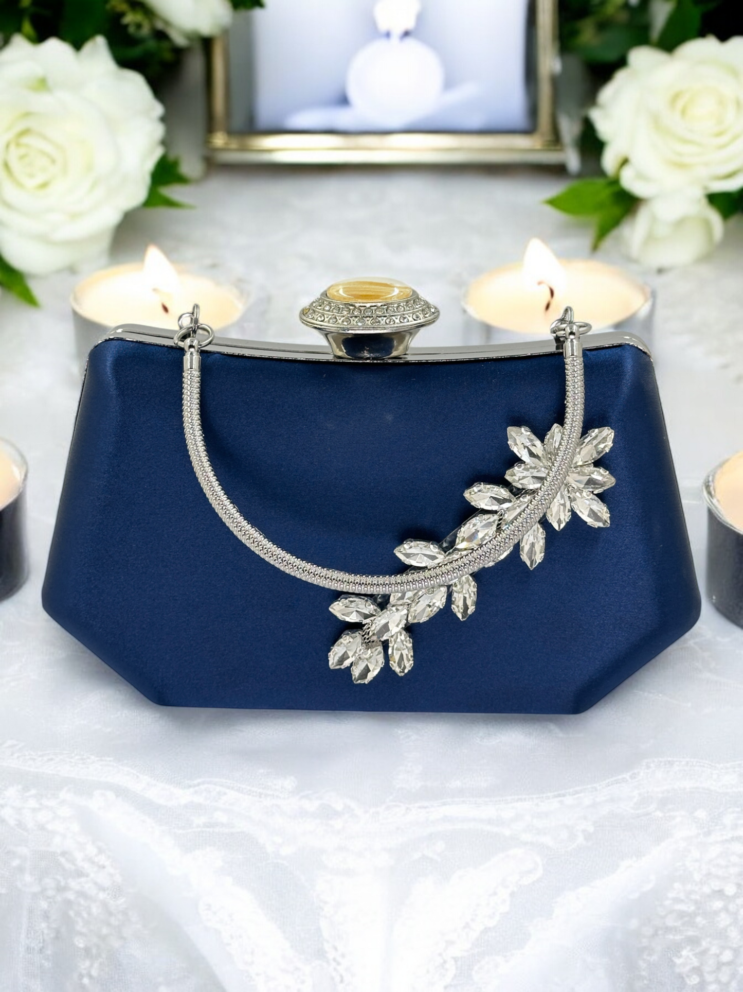 Lacivert Saten Kristal Taşlı İnci Detaylı Abiye Çanta