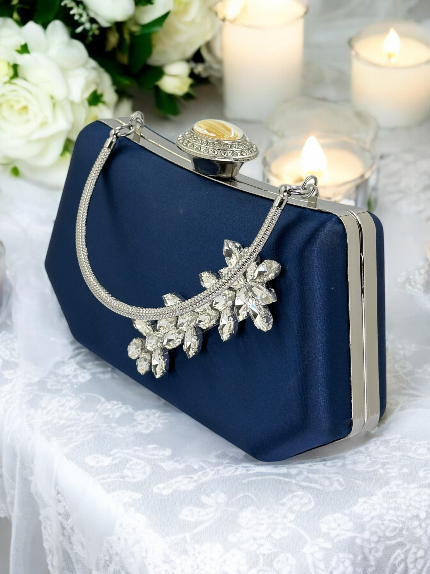 Lacivert Saten Kristal Taşlı İnci Detaylı Abiye Çanta