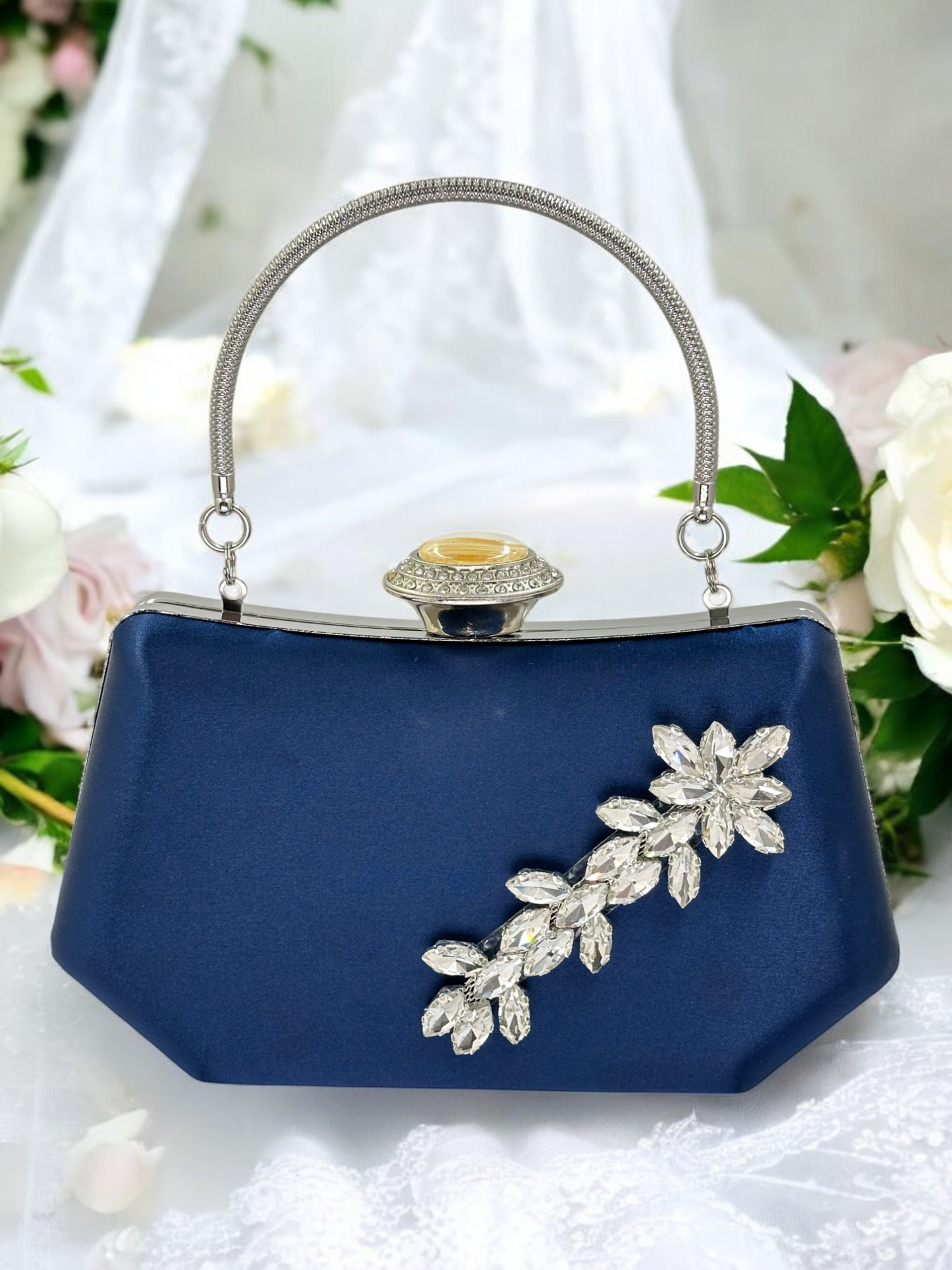 Lacivert Saten Kristal Taşlı İnci Detaylı Abiye Çanta