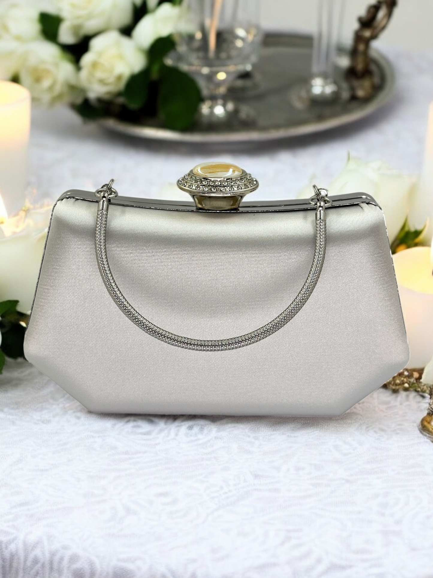 Gümüş Kristal İnci Abiye Çanta | Lüks Saten Gece Çantası