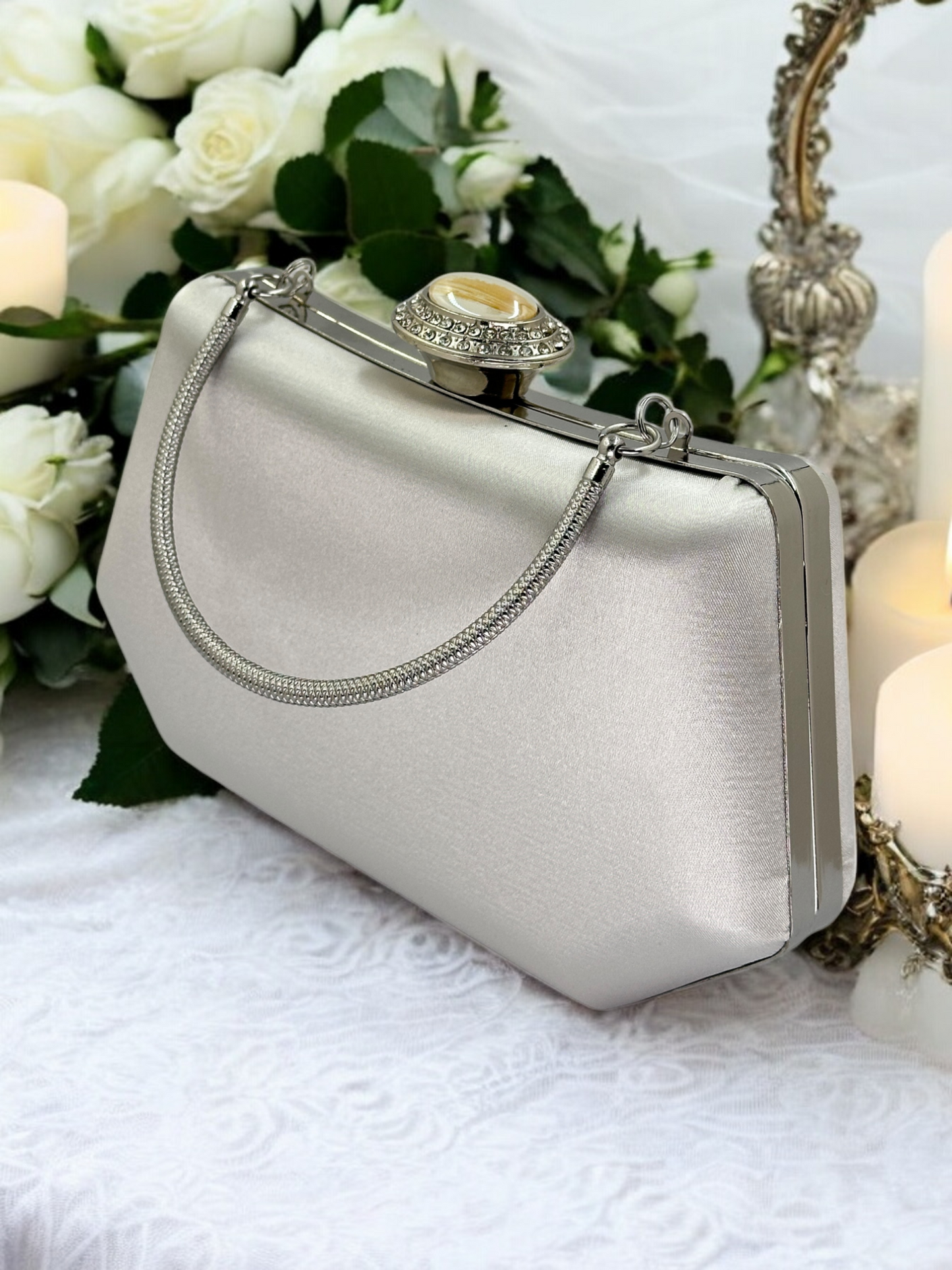 Gümüş Kristal İnci Abiye Çanta | Lüks Saten Gece Çantası