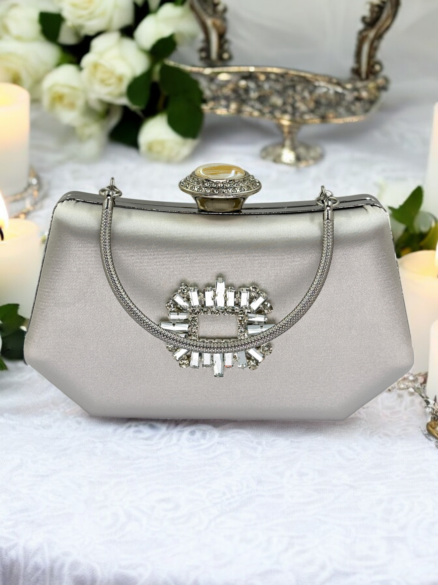 Gümüş Kristal İnci Abiye Çanta | Lüks Saten Gece Çantası