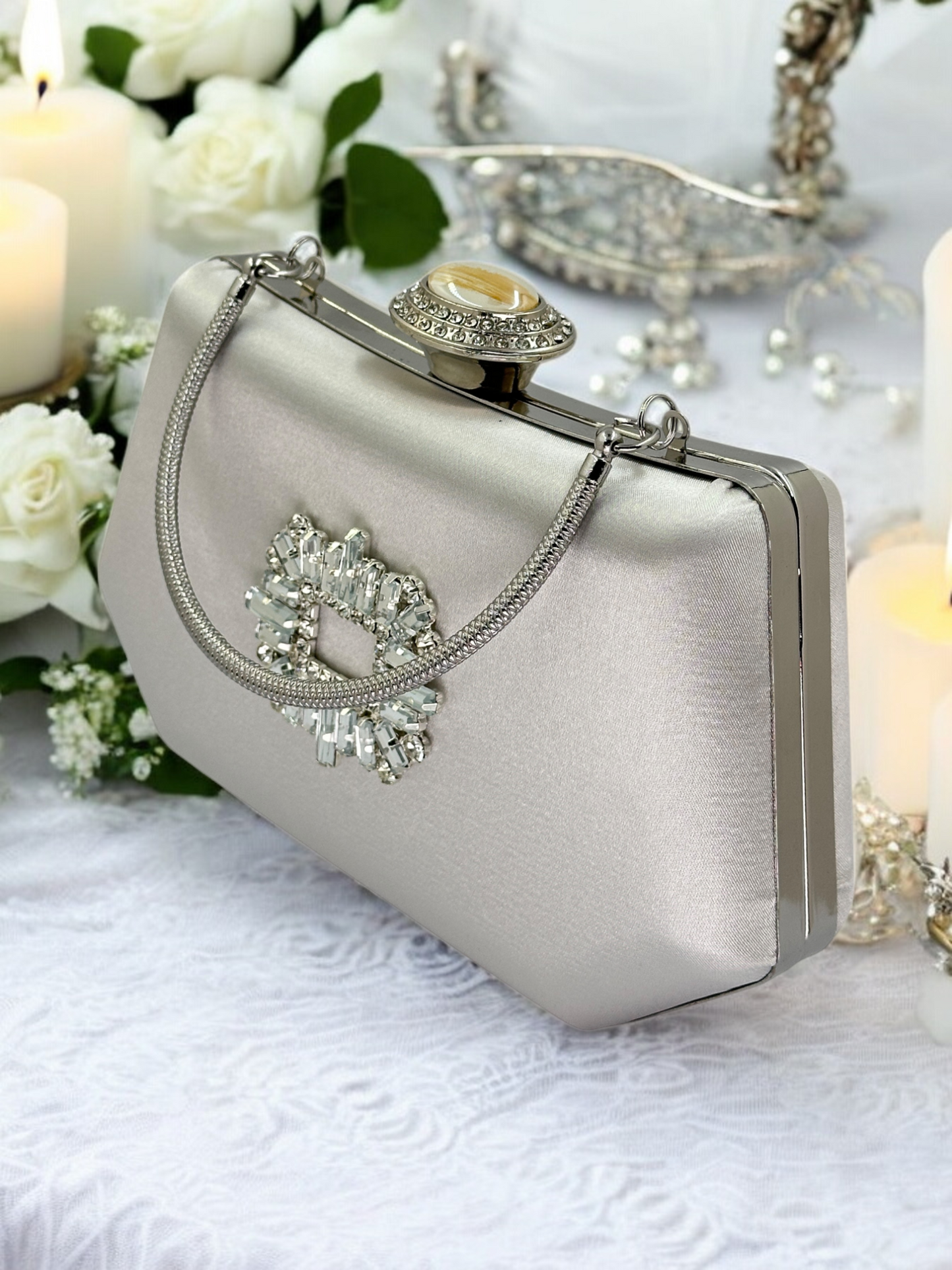 Gümüş Kristal İnci Abiye Çanta | Lüks Saten Gece Çantası