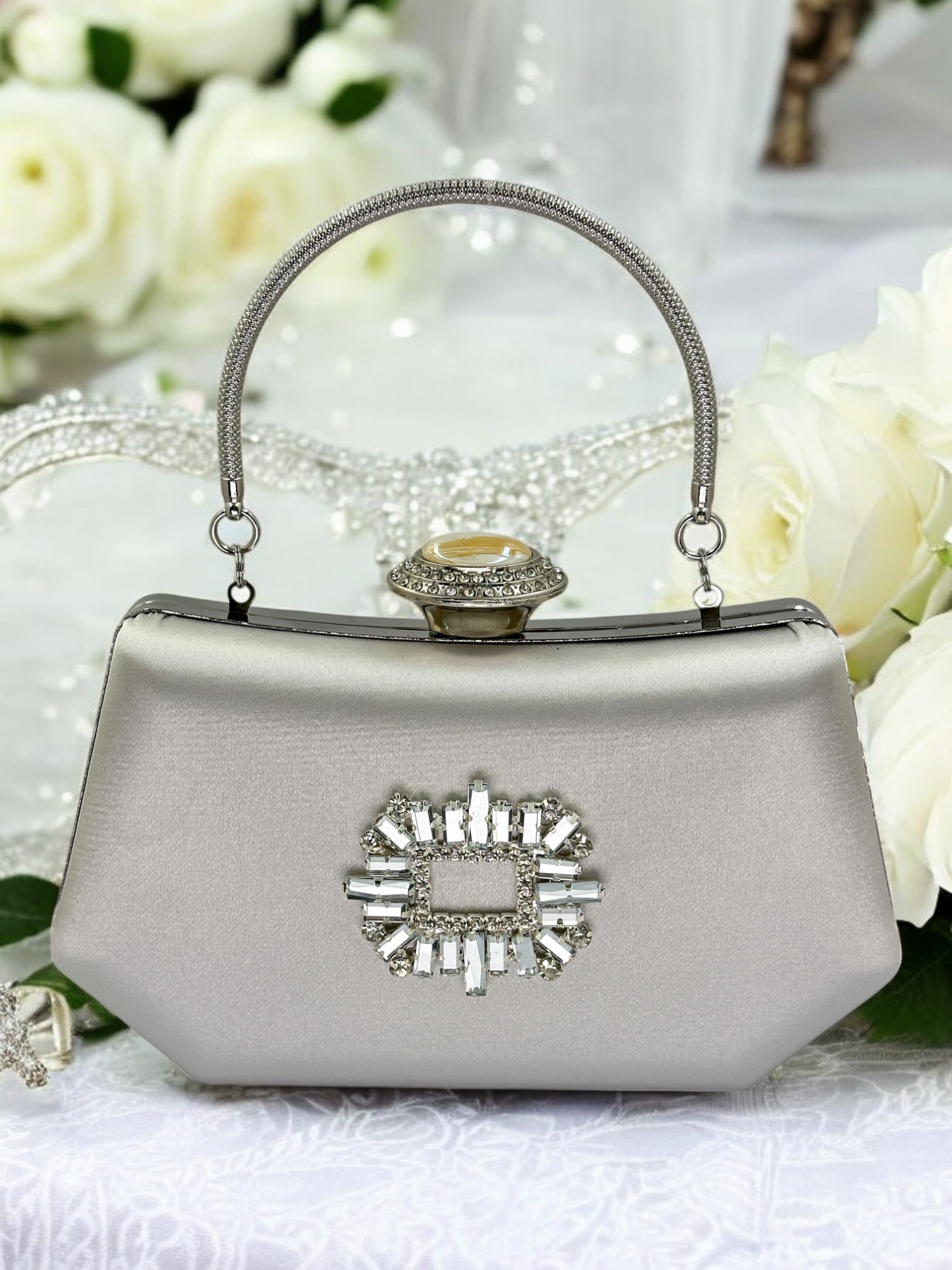 Gümüş Kristal İnci Abiye Çanta | Lüks Saten Gece Çantası