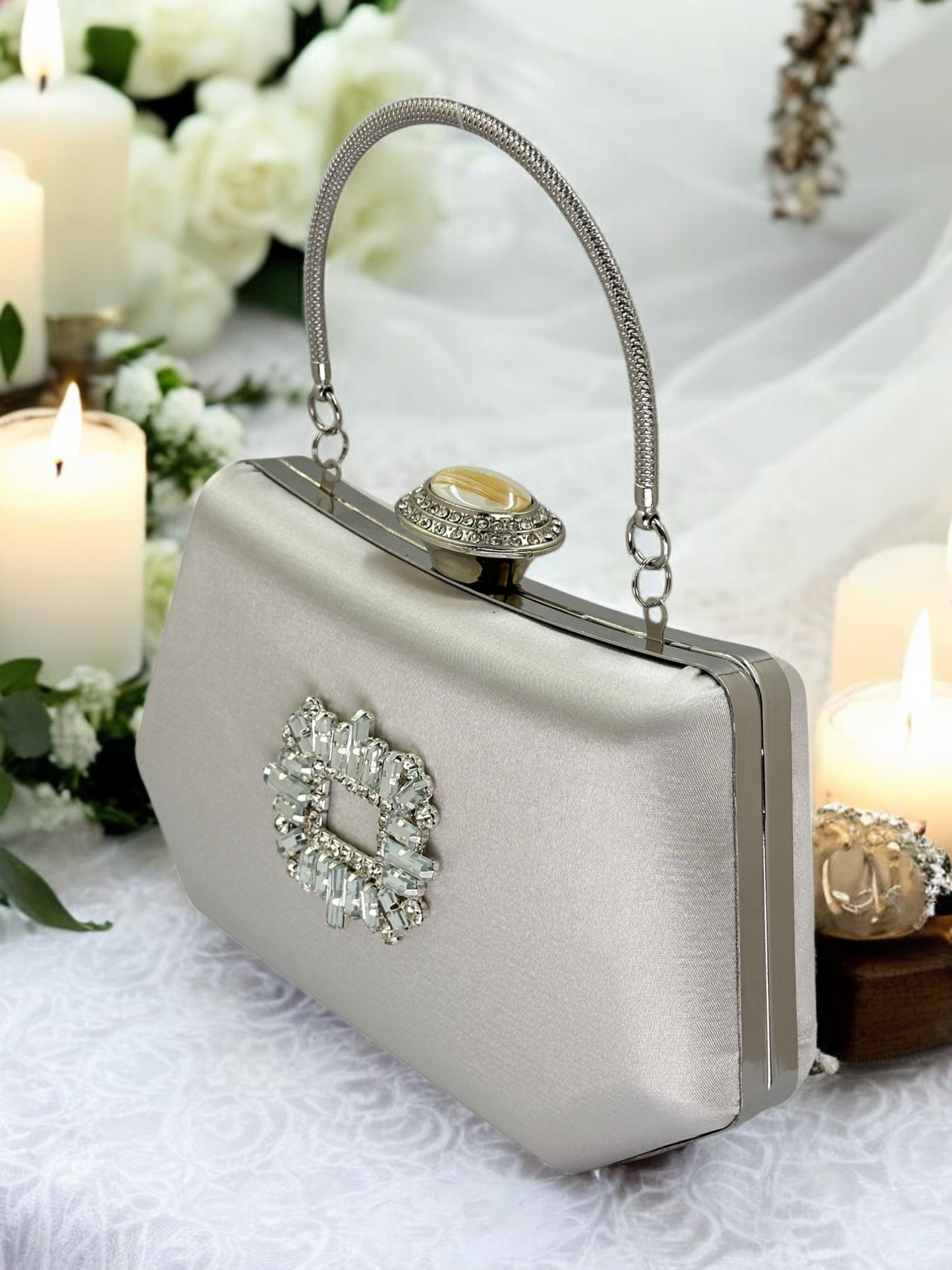 Gümüş Kristal İnci Abiye Çanta | Lüks Saten Gece Çantası