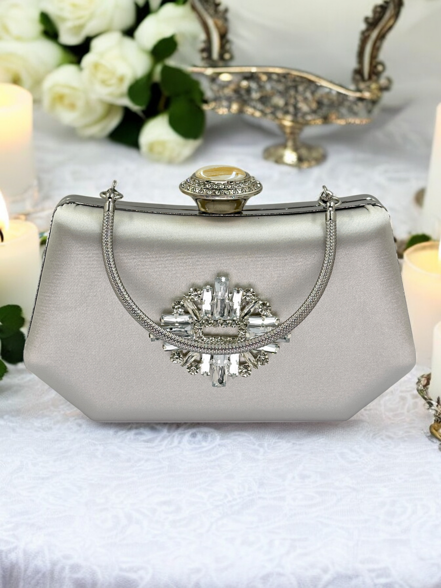 Gümüş Kristal İnci Abiye Çanta | Lüks Saten Gece Çantası