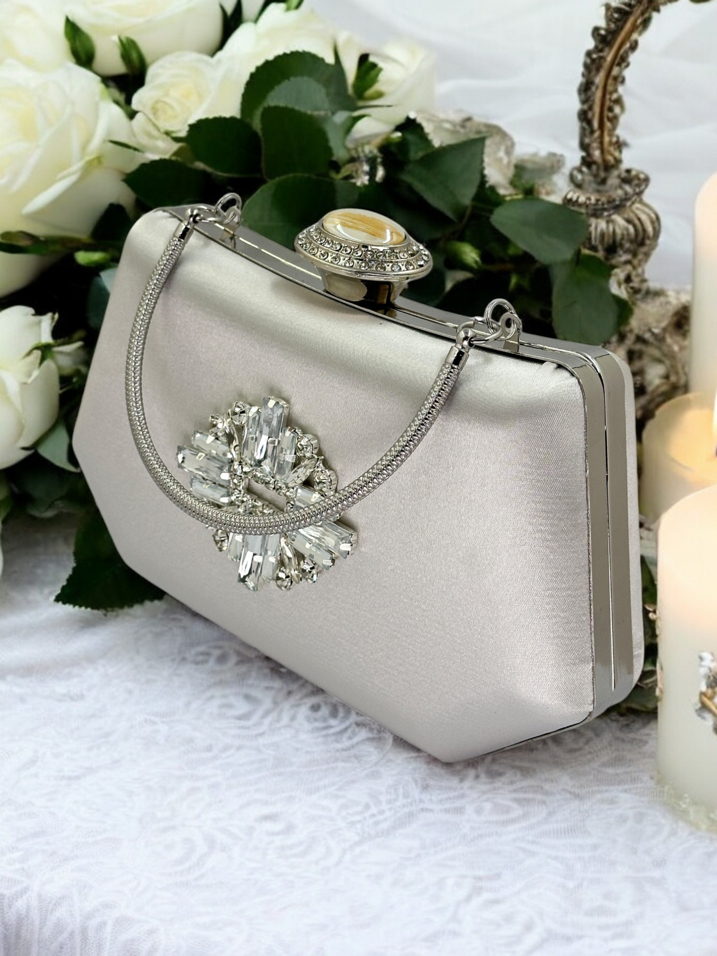 Gümüş Kristal İnci Abiye Çanta | Lüks Saten Gece Çantası