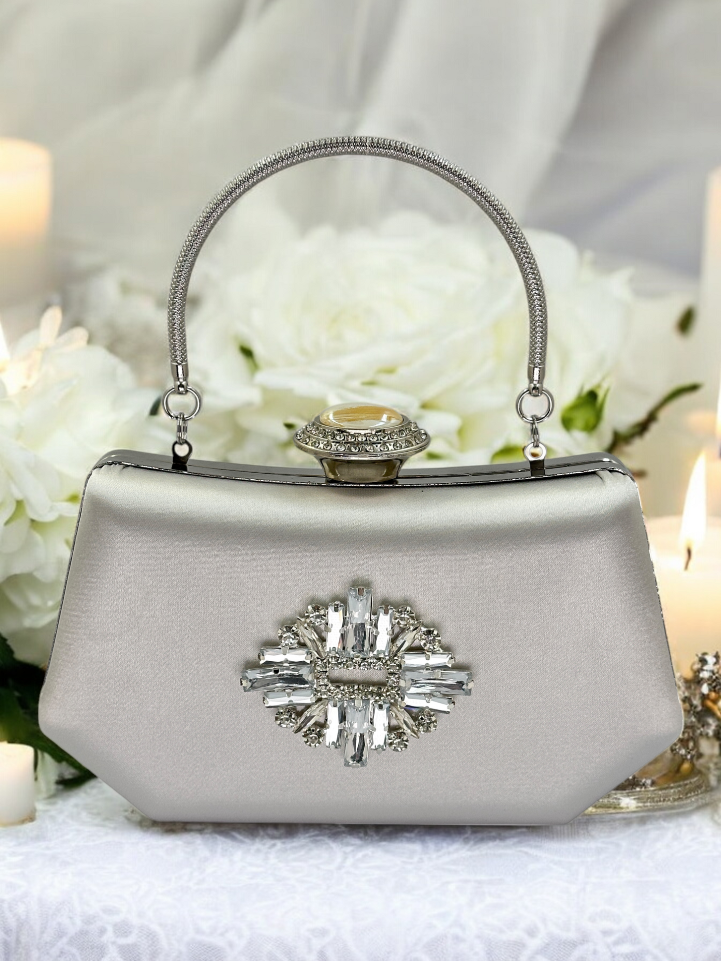 Gümüş Kristal İnci Abiye Çanta | Lüks Saten Gece Çantası
