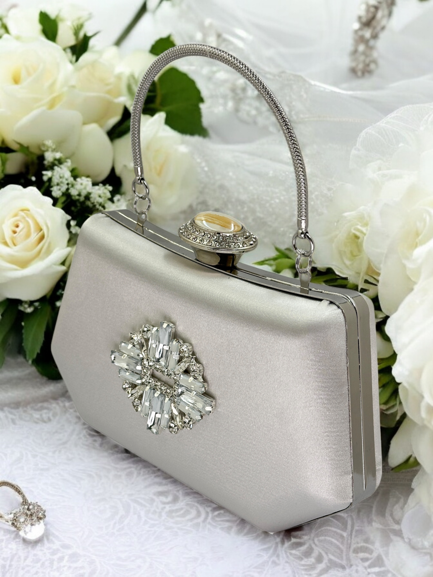 Gümüş Kristal İnci Abiye Çanta | Lüks Saten Gece Çantası