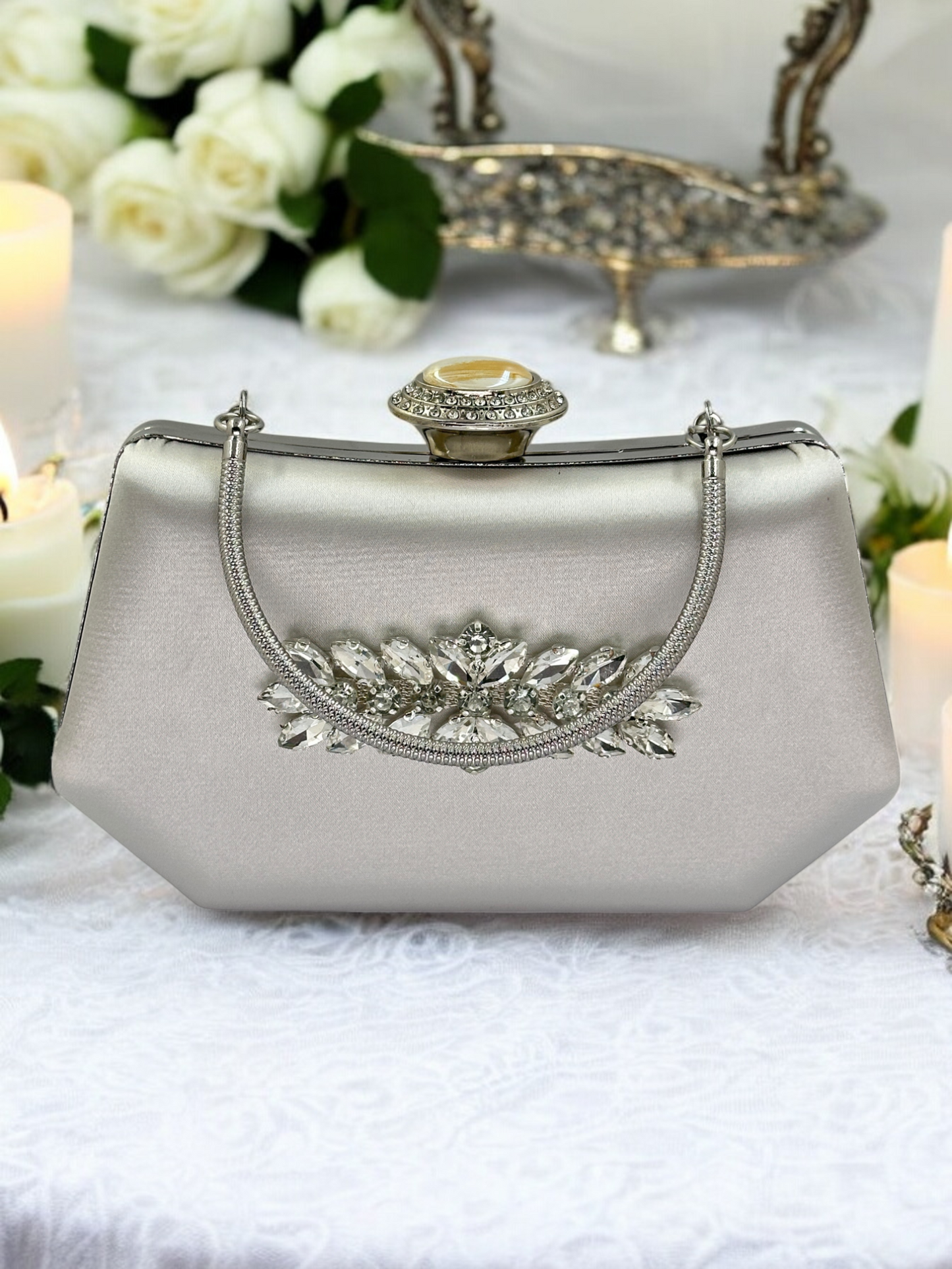 Gümüş Kristal İnci Abiye Çanta | Lüks Saten Gece Çantası