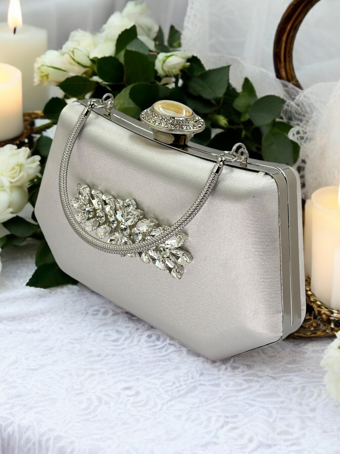 Gümüş Kristal İnci Abiye Çanta | Lüks Saten Gece Çantası