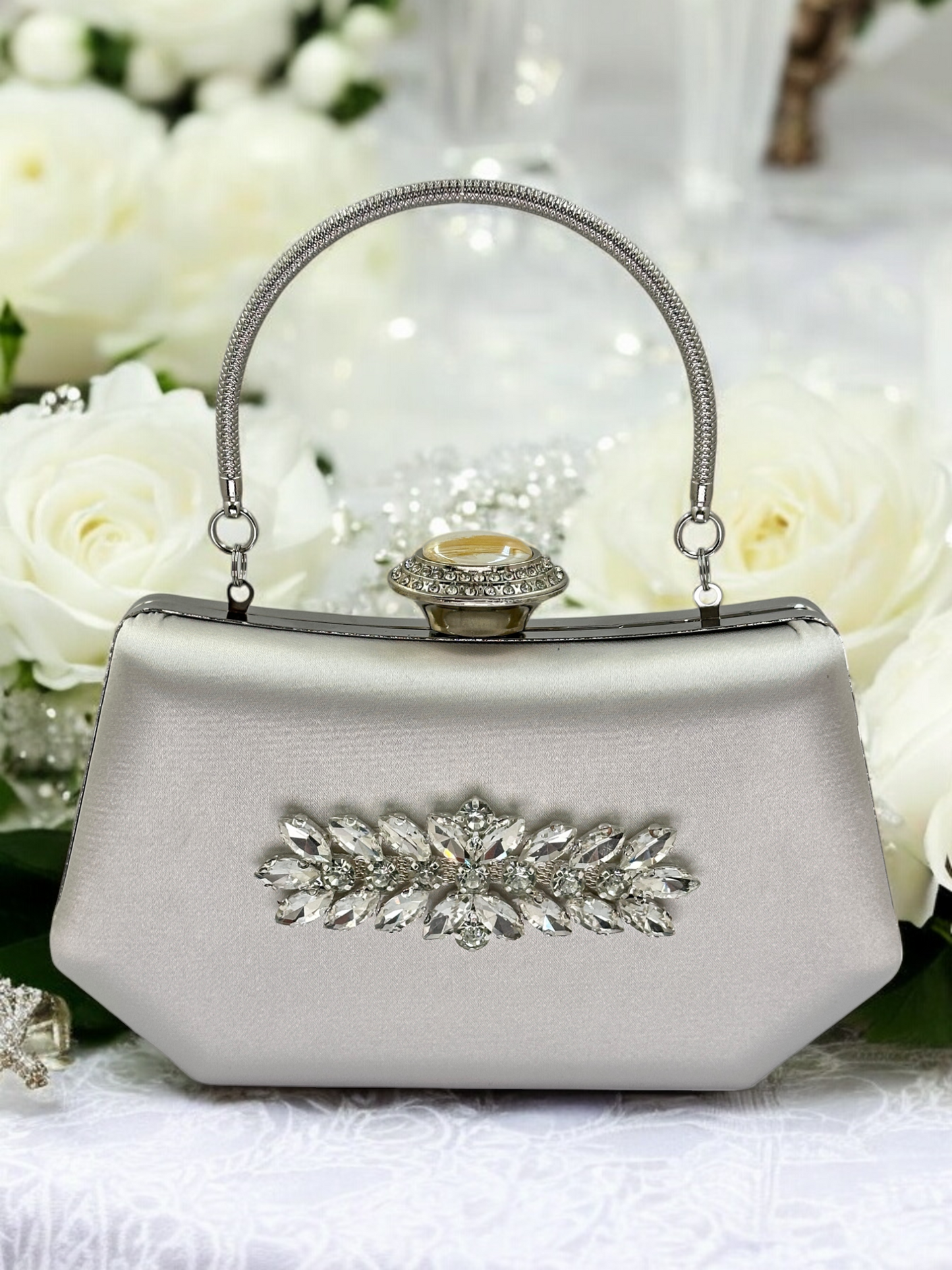 Gümüş Kristal İnci Abiye Çanta | Lüks Saten Gece Çantası