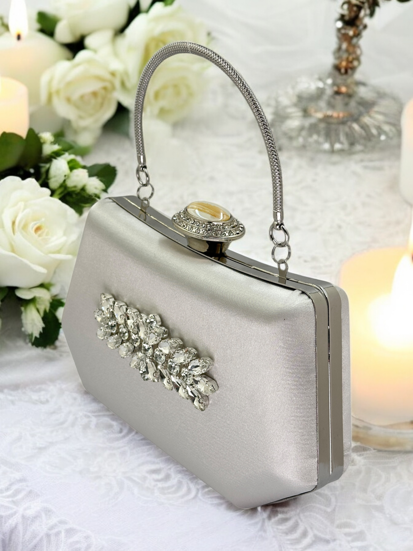 Gümüş Kristal İnci Abiye Çanta | Lüks Saten Gece Çantası