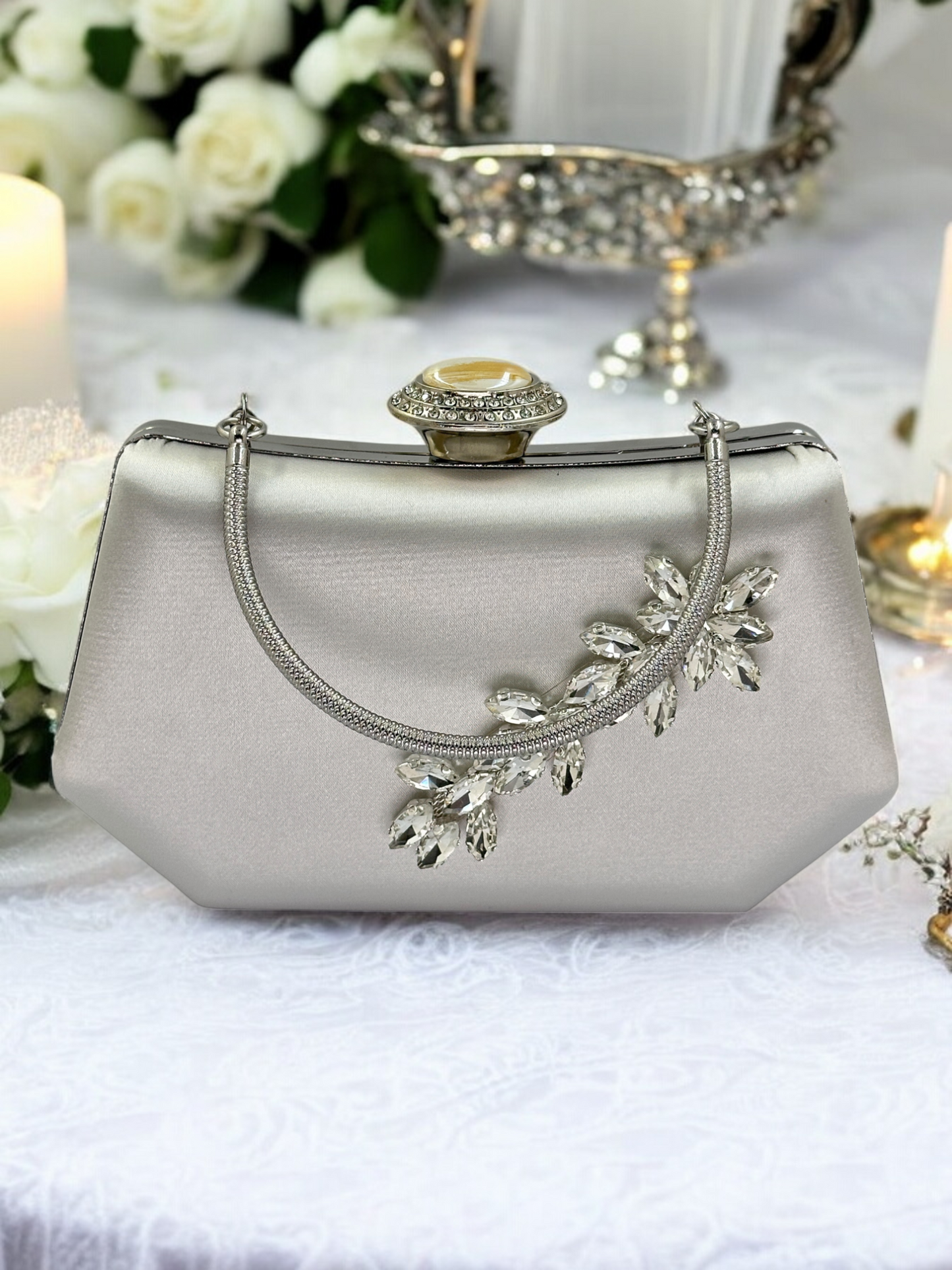 Gümüş Kristal İnci Abiye Çanta | Lüks Saten Gece Çantası