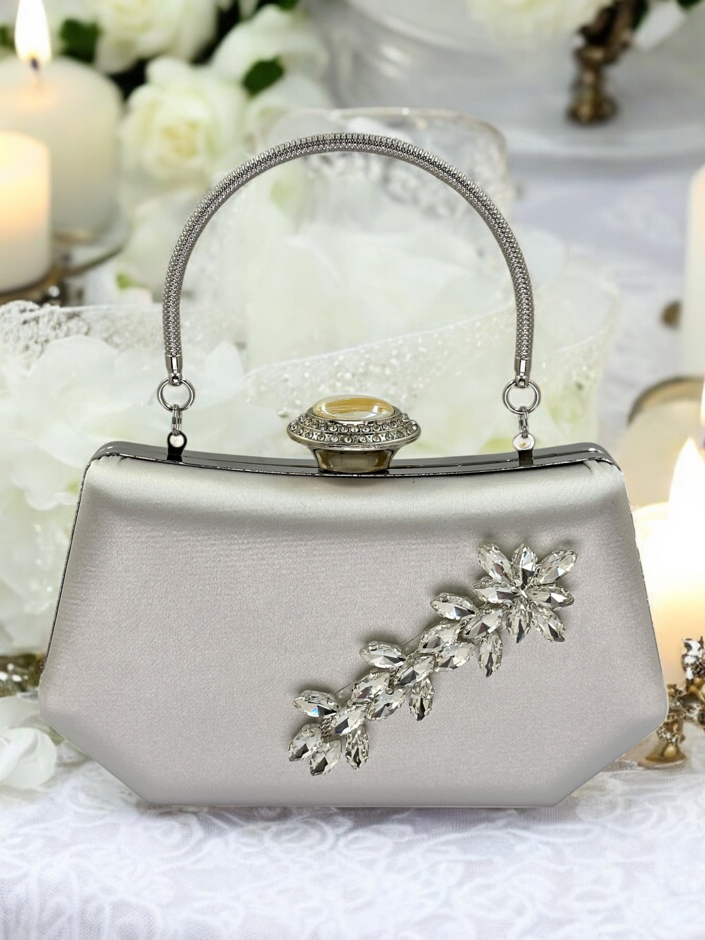 Gümüş Kristal İnci Abiye Çanta | Lüks Saten Gece Çantası