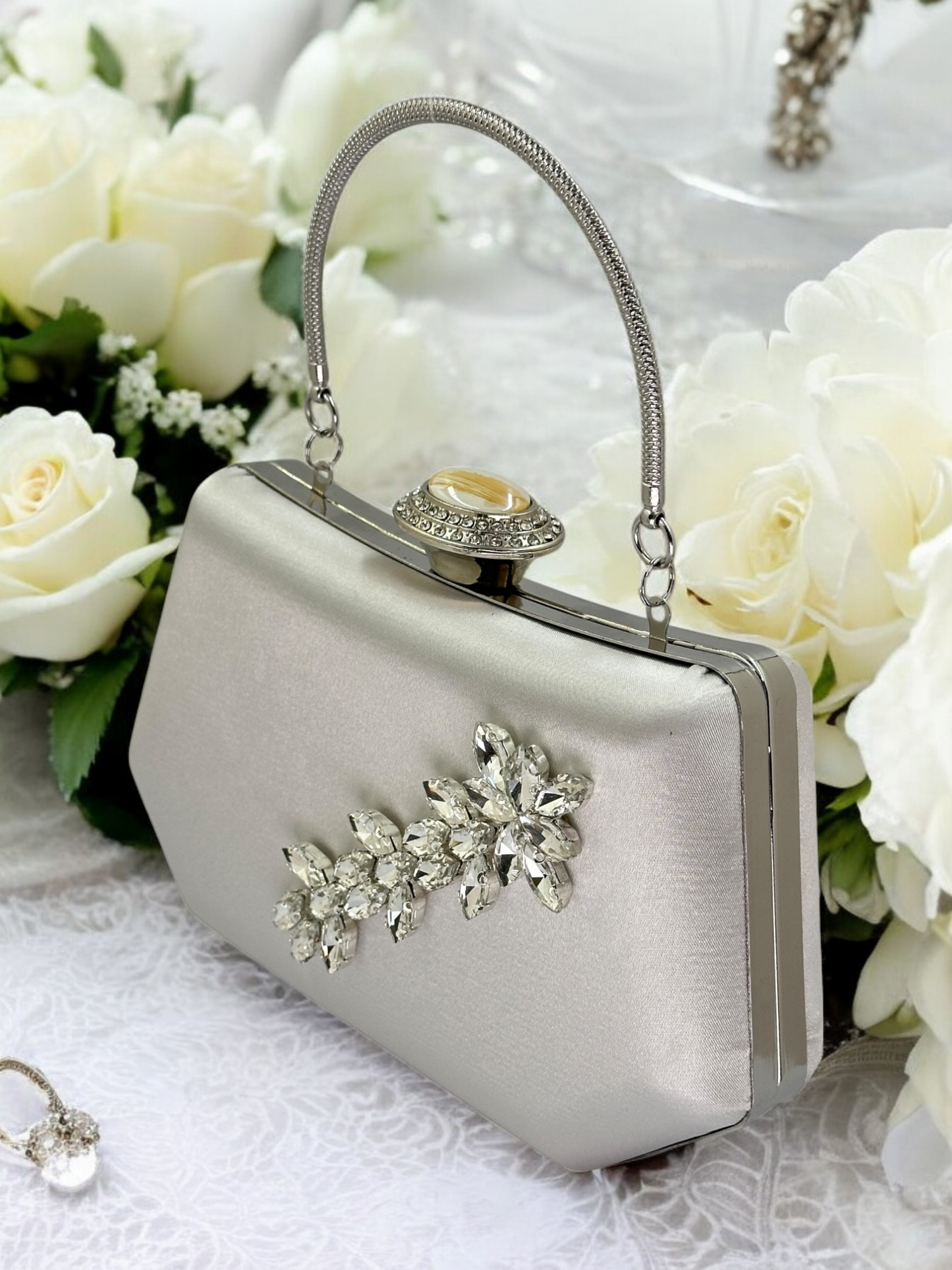 Gümüş Kristal İnci Abiye Çanta | Lüks Saten Gece Çantası