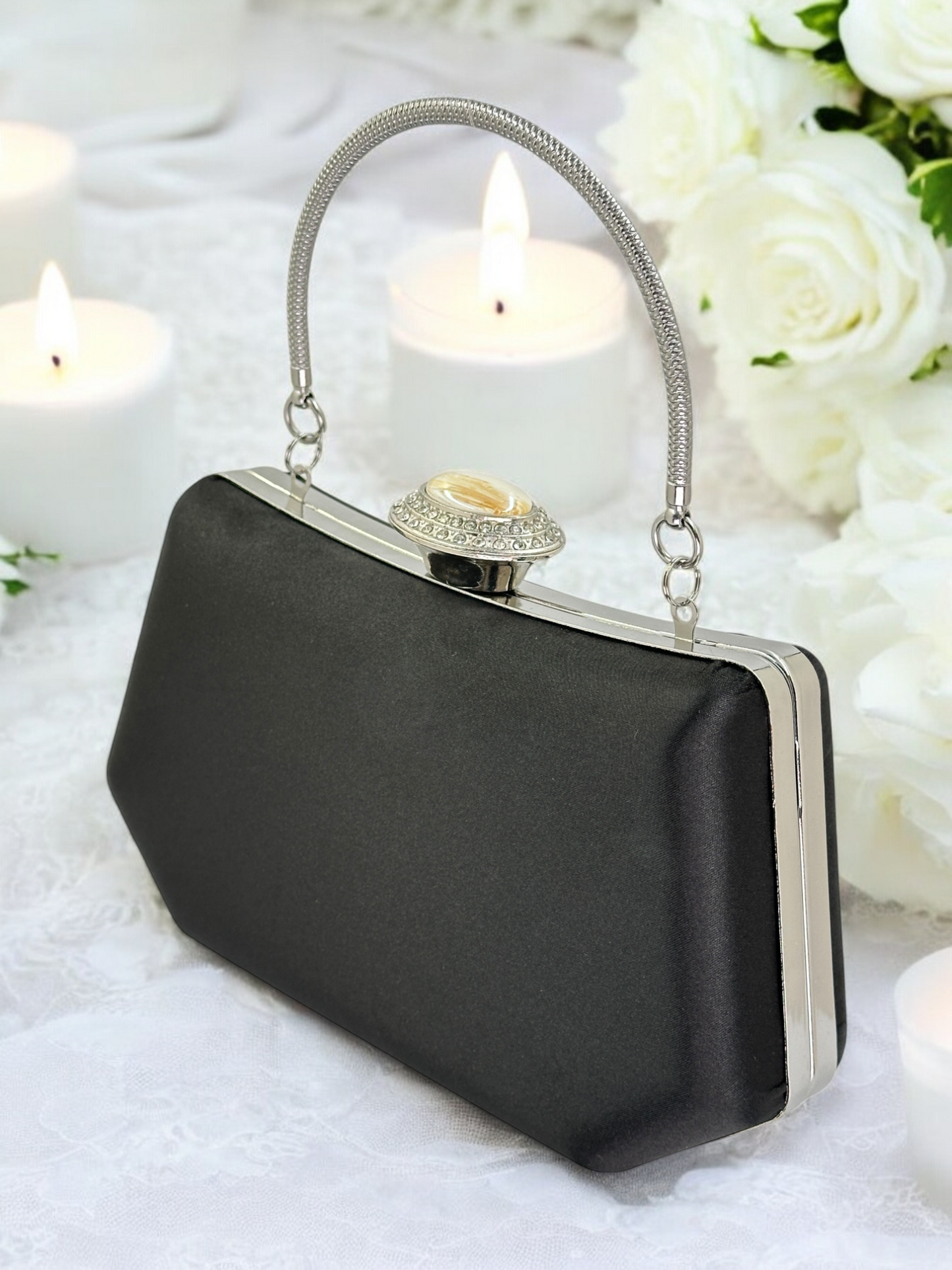 Siyah Saten Kristal Taşlı Lüks Abiye Çanta | Gece ve Düğün Clutch