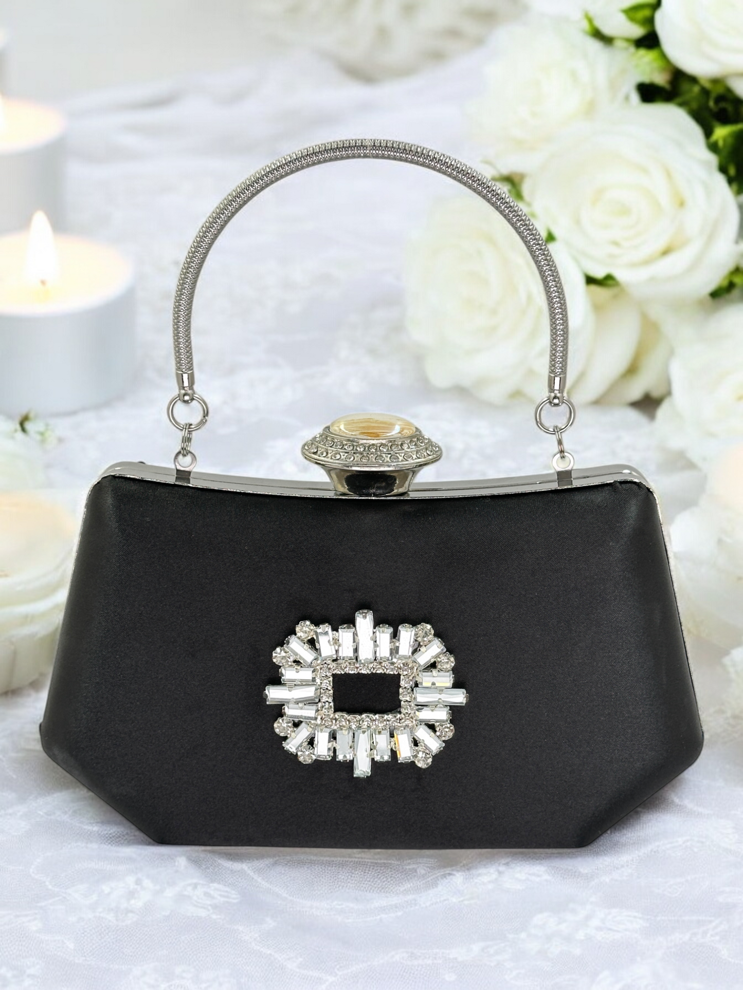 Siyah Saten Kristal Taşlı Lüks Abiye Çanta | Gece ve Düğün Clutch