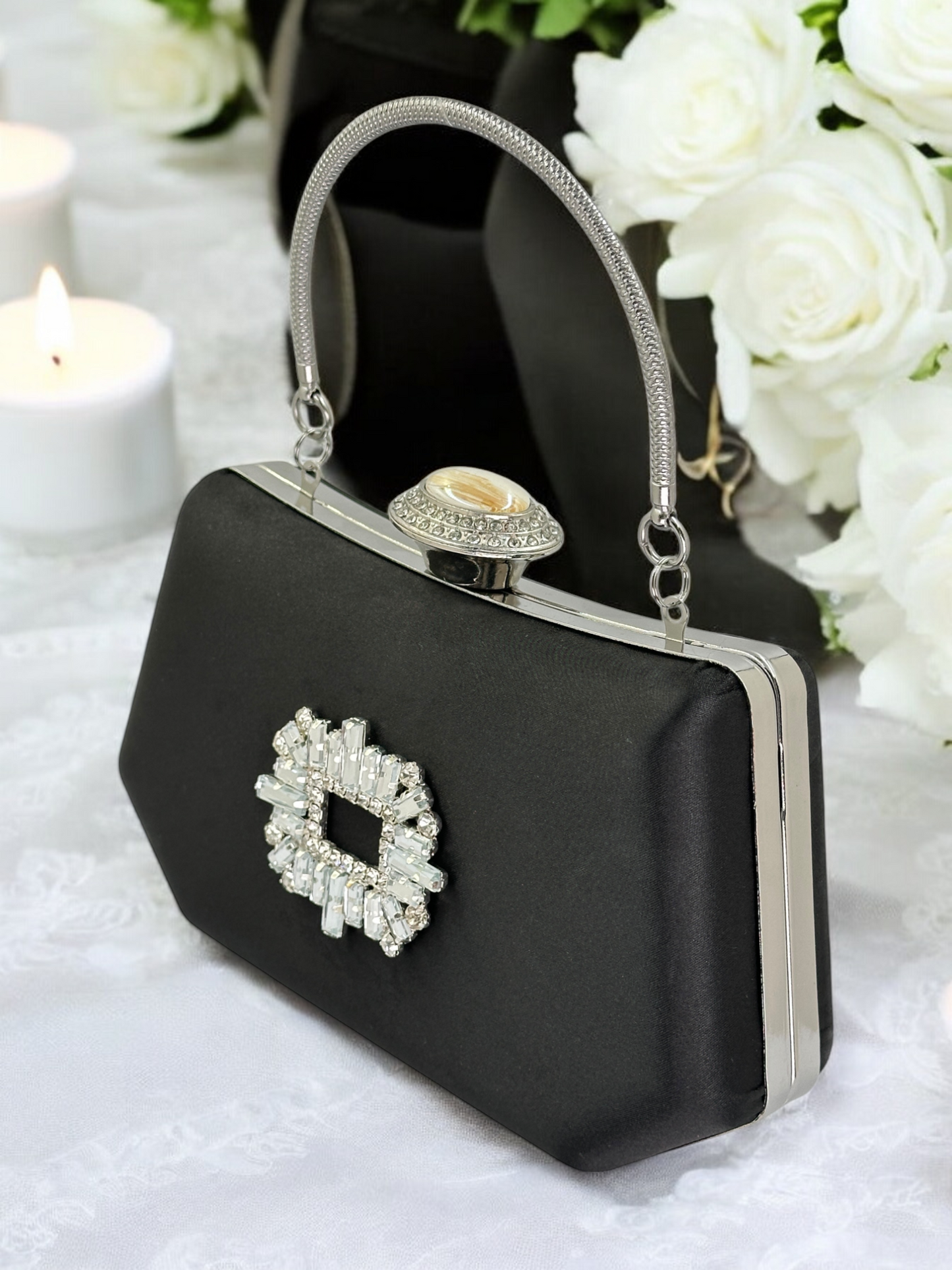 Siyah Saten Kristal Taşlı Lüks Abiye Çanta | Gece ve Düğün Clutch