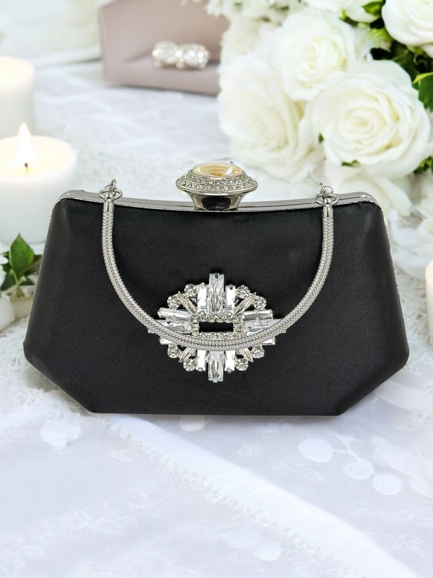 Siyah Saten Kristal Taşlı Lüks Abiye Çanta | Gece ve Düğün Clutch