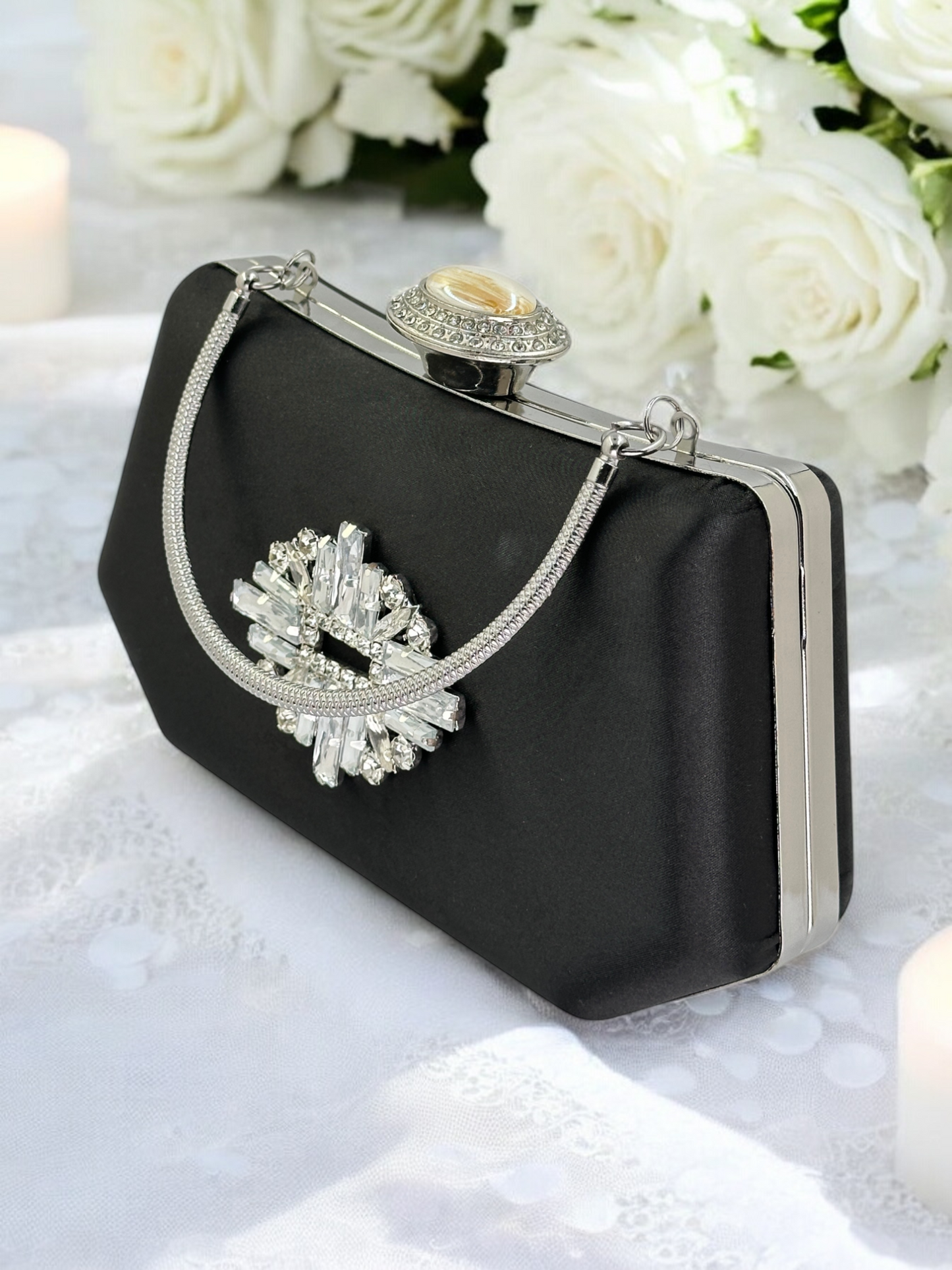 Siyah Saten Kristal Taşlı Lüks Abiye Çanta | Gece ve Düğün Clutch