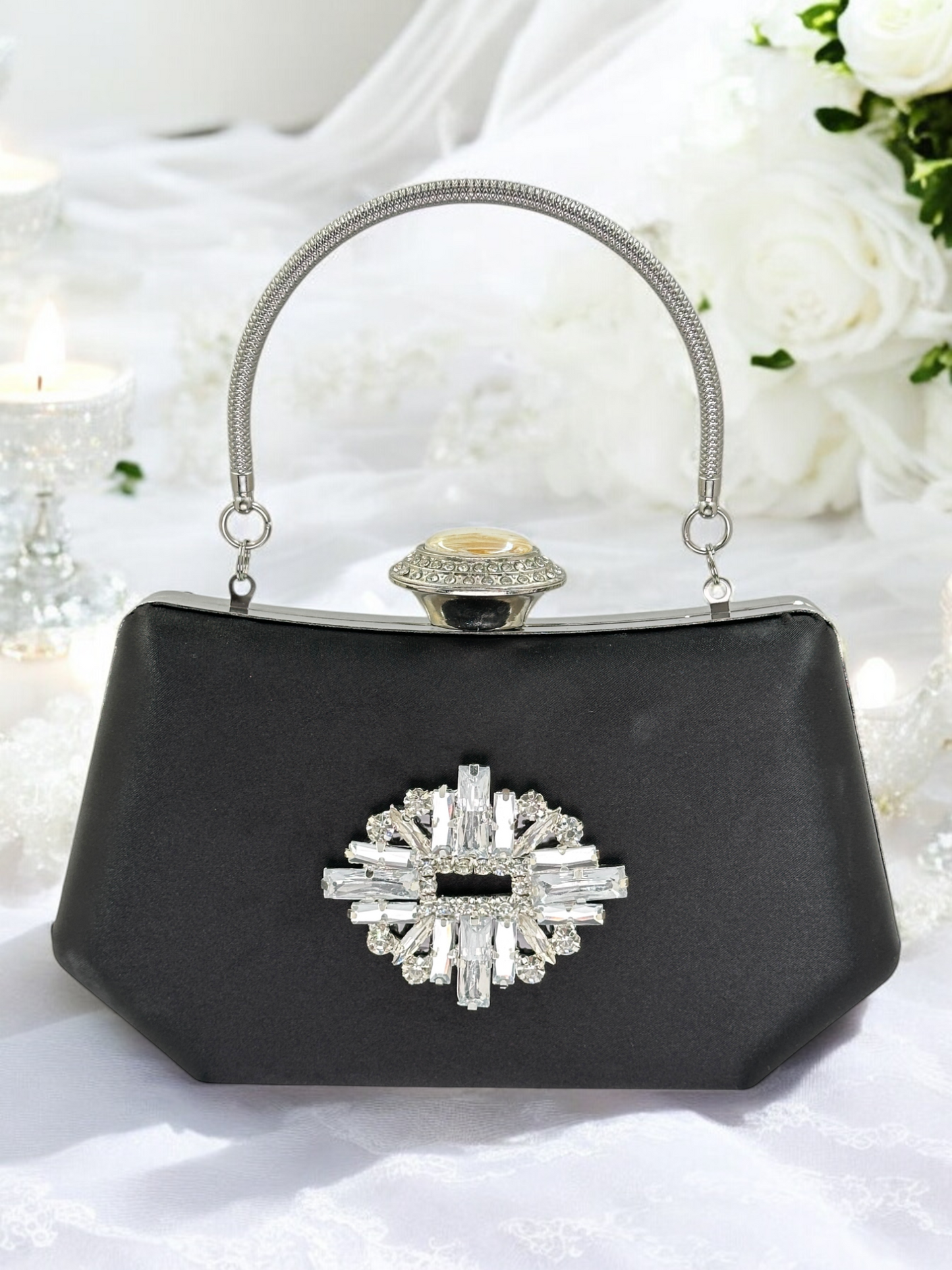 Siyah Saten Kristal Taşlı Lüks Abiye Çanta | Gece ve Düğün Clutch