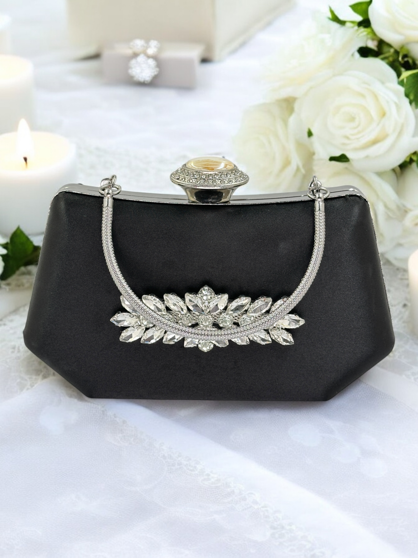 Siyah Saten Kristal Taşlı Lüks Abiye Çanta | Gece ve Düğün Clutch