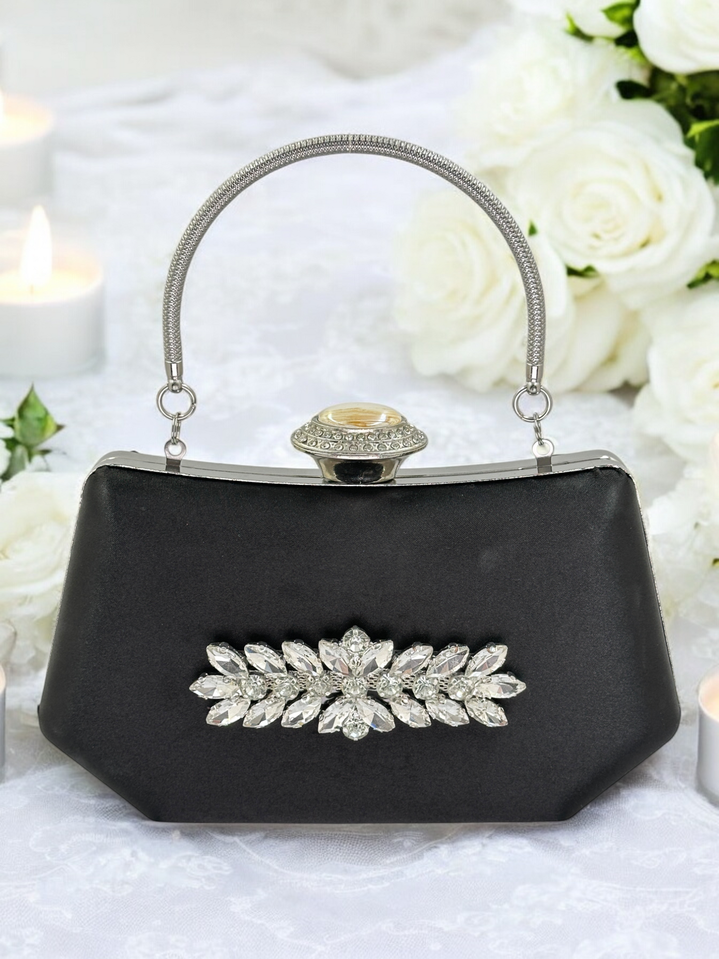 Siyah Saten Kristal Taşlı Lüks Abiye Çanta | Gece ve Düğün Clutch
