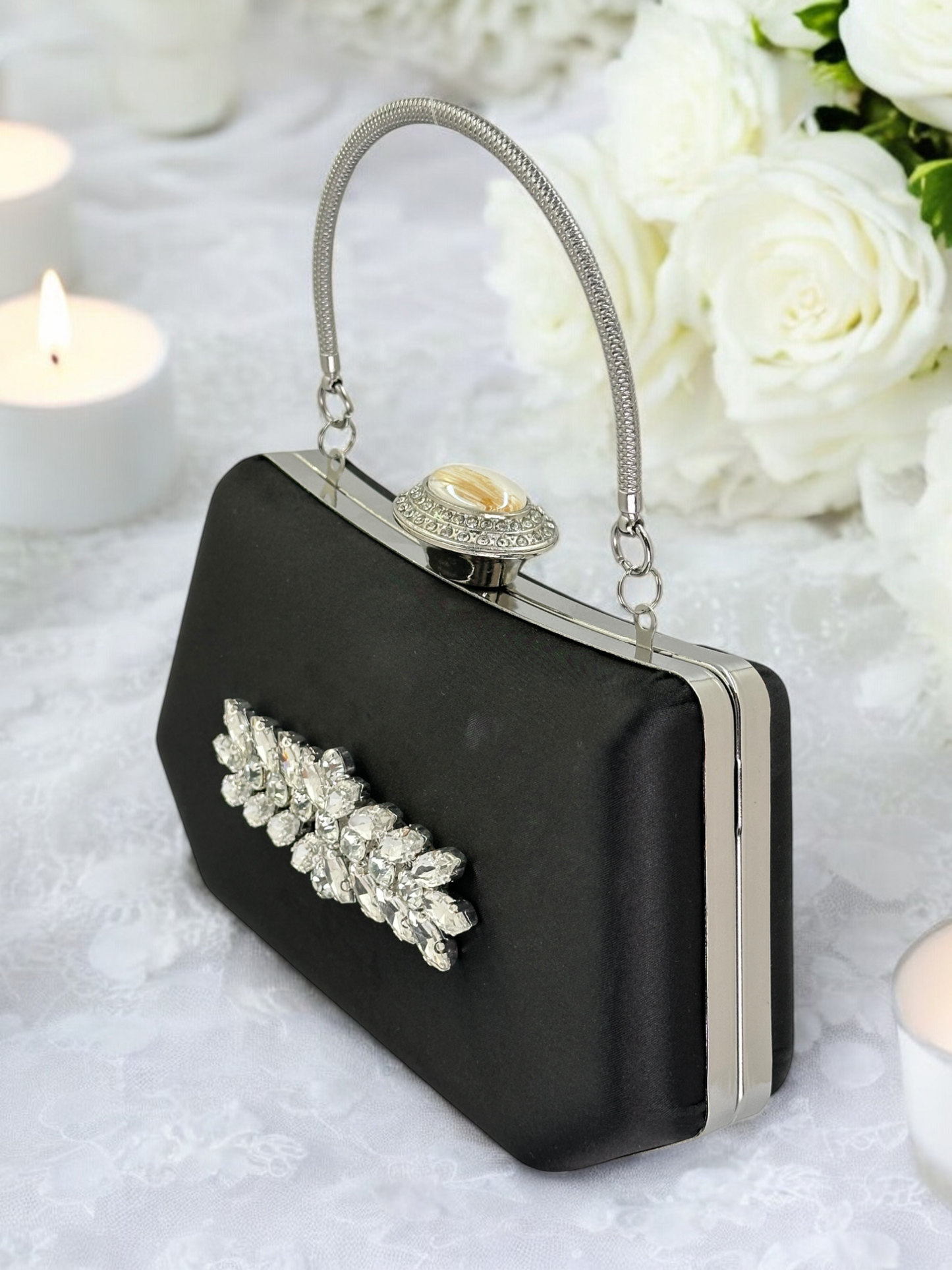 Siyah Saten Kristal Taşlı Lüks Abiye Çanta | Gece ve Düğün Clutch