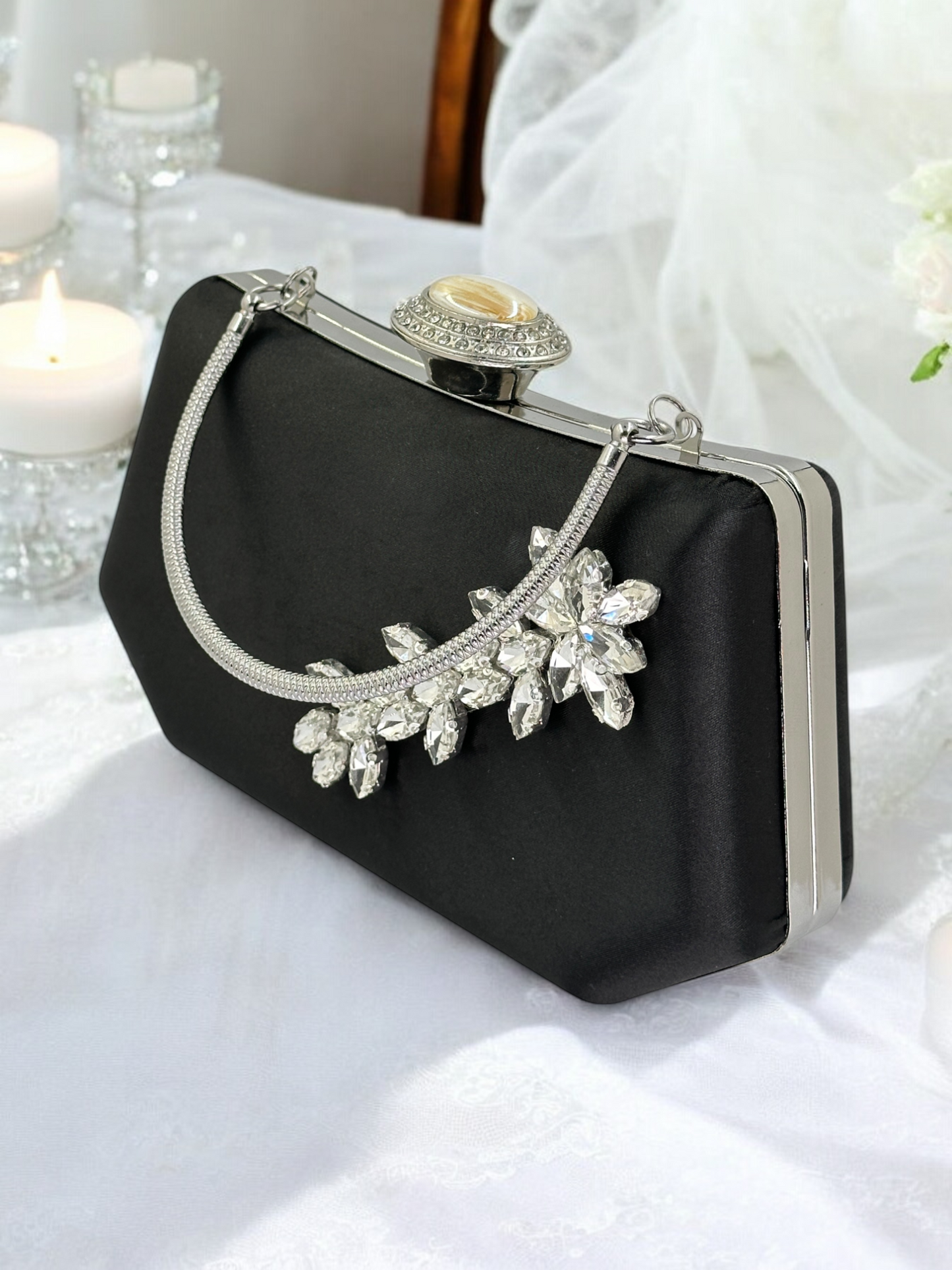 Siyah Saten Kristal Taşlı Lüks Abiye Çanta | Gece ve Düğün Clutch