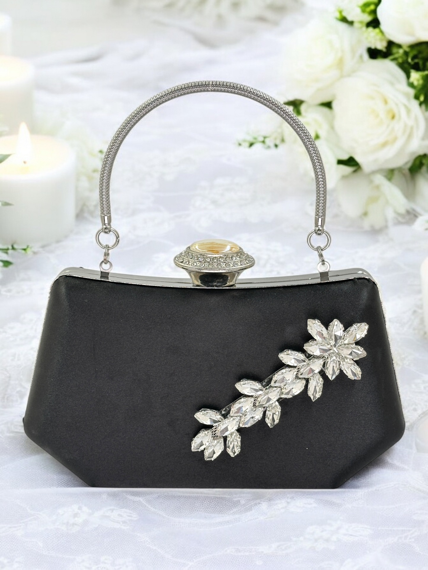 Siyah Saten Kristal Taşlı Lüks Abiye Çanta | Gece ve Düğün Clutch