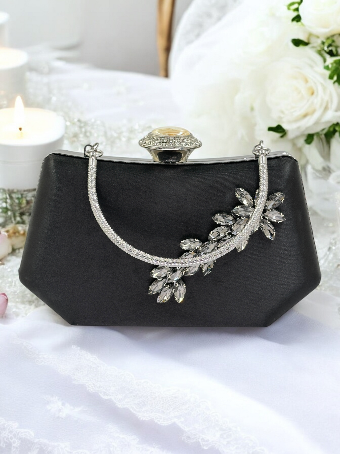 Siyah Saten Kristal Taşlı Lüks Abiye Çanta | Gece ve Düğün Clutch