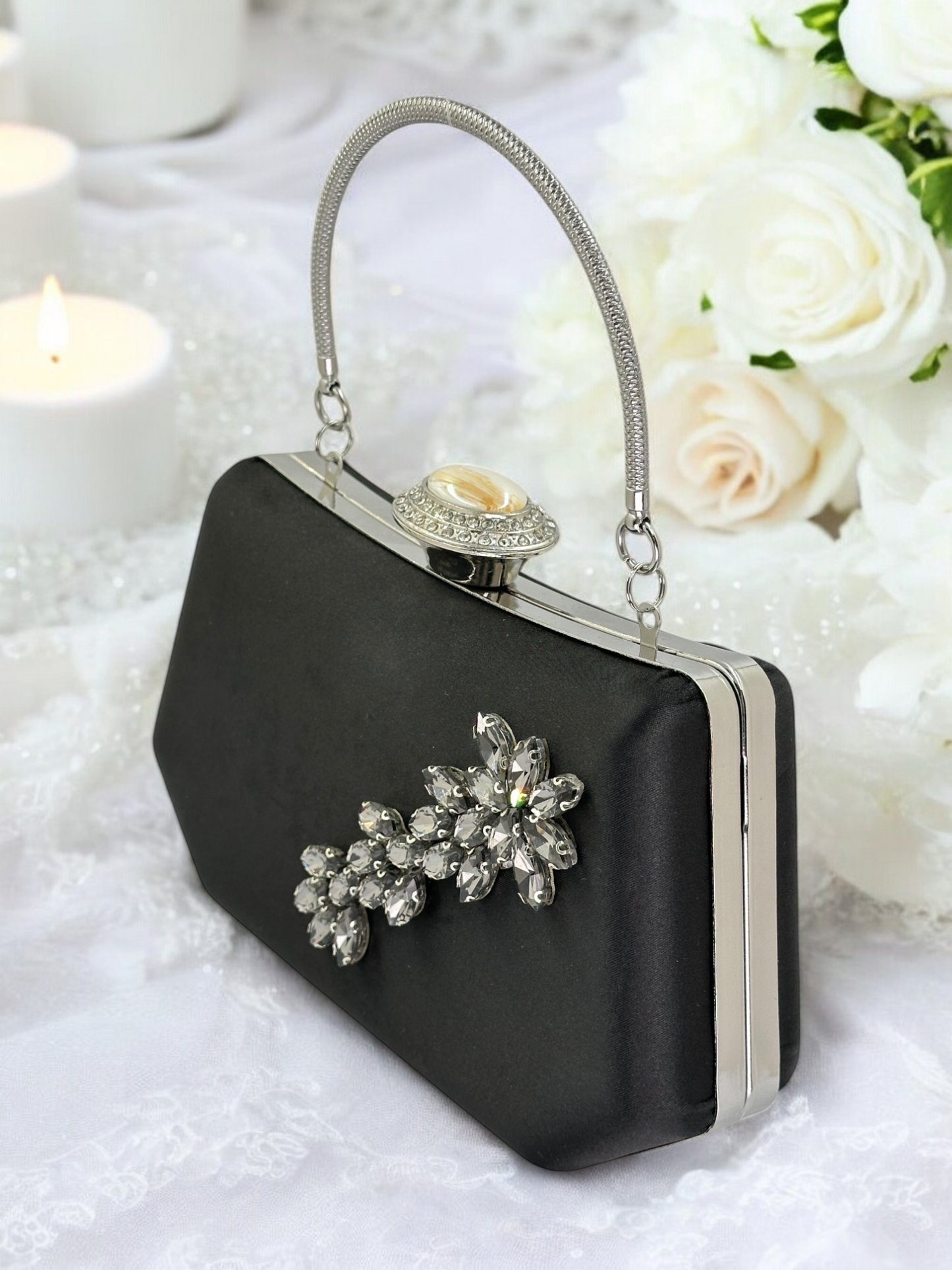 Siyah Saten Kristal Taşlı Lüks Abiye Çanta | Gece ve Düğün Clutch