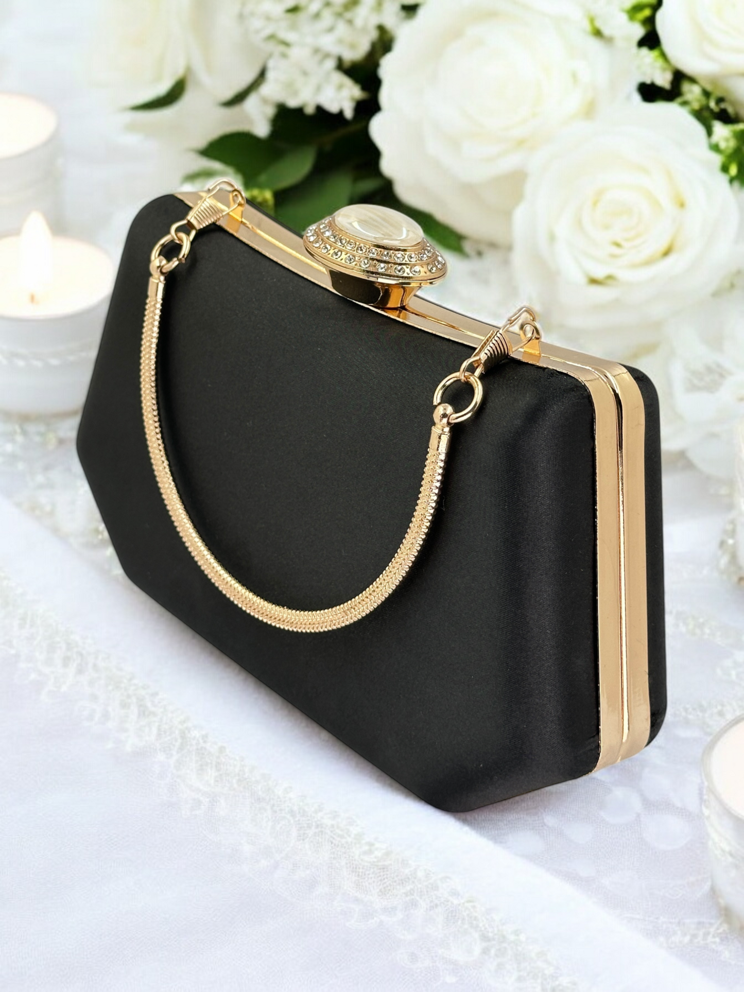 Siyah Saten Kristal Taşlı Lüks Abiye Çanta | Gece ve Düğün Clutch