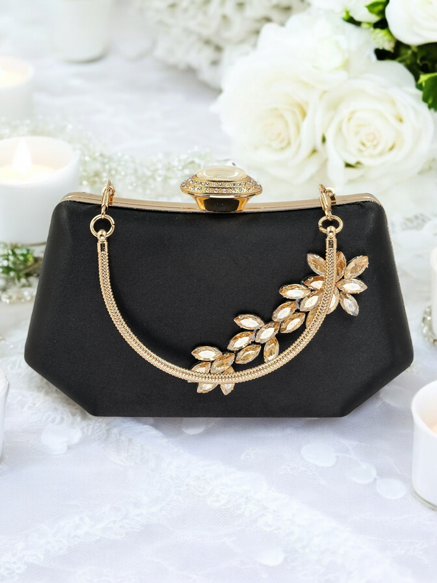 Siyah Saten Kristal Taşlı Lüks Abiye Çanta | Gece ve Düğün Clutch