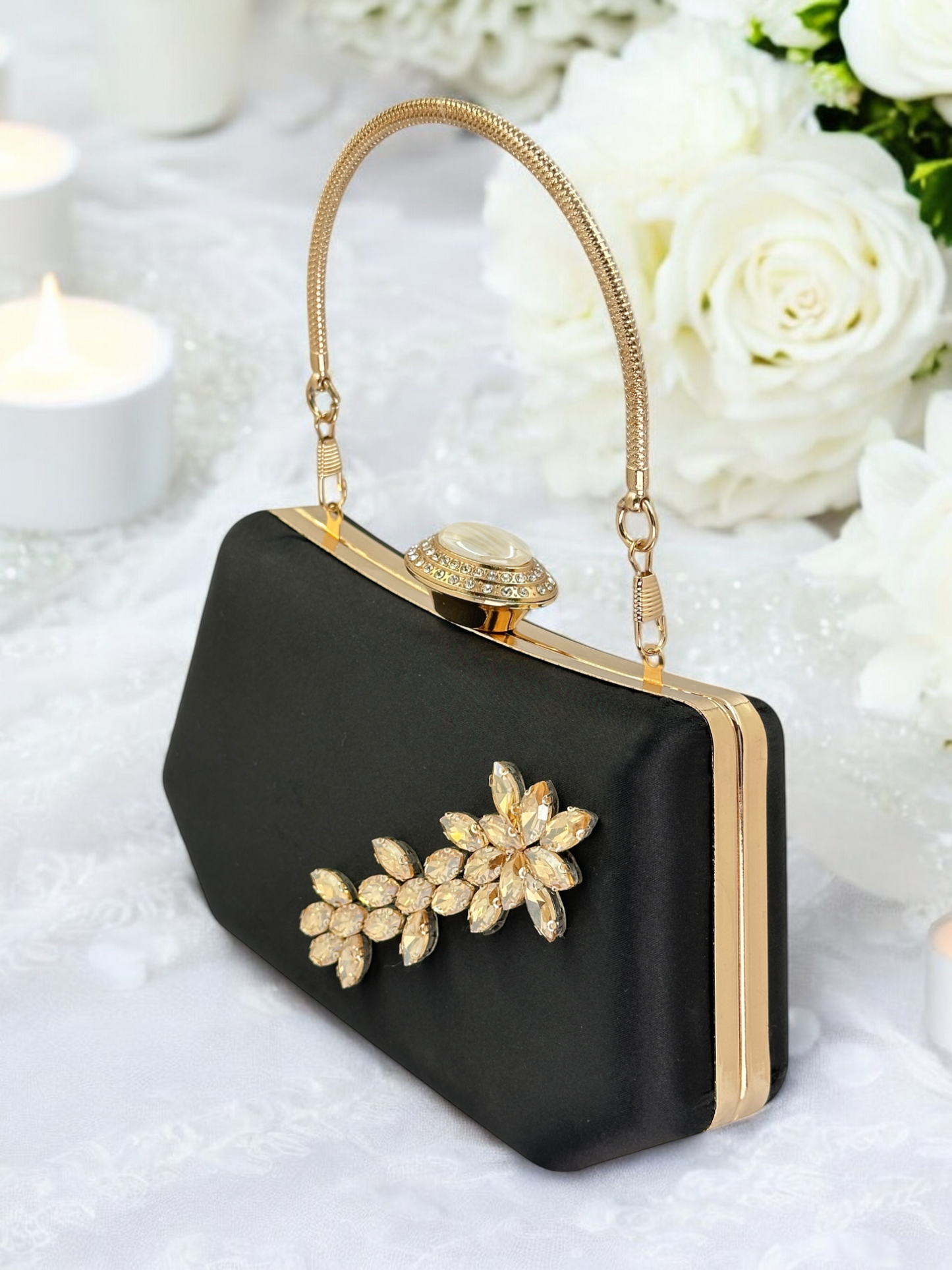 Siyah Saten Kristal Taşlı Lüks Abiye Çanta | Gece ve Düğün Clutch