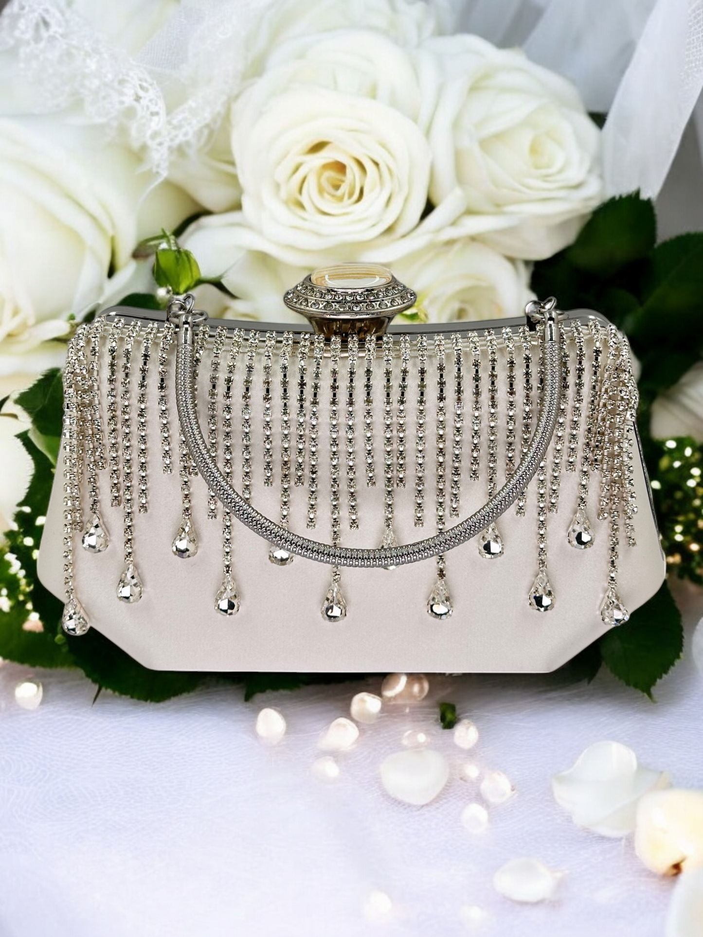 Swarovski Taşlı İnci Detaylı Lüks Saten Abiye Çanta