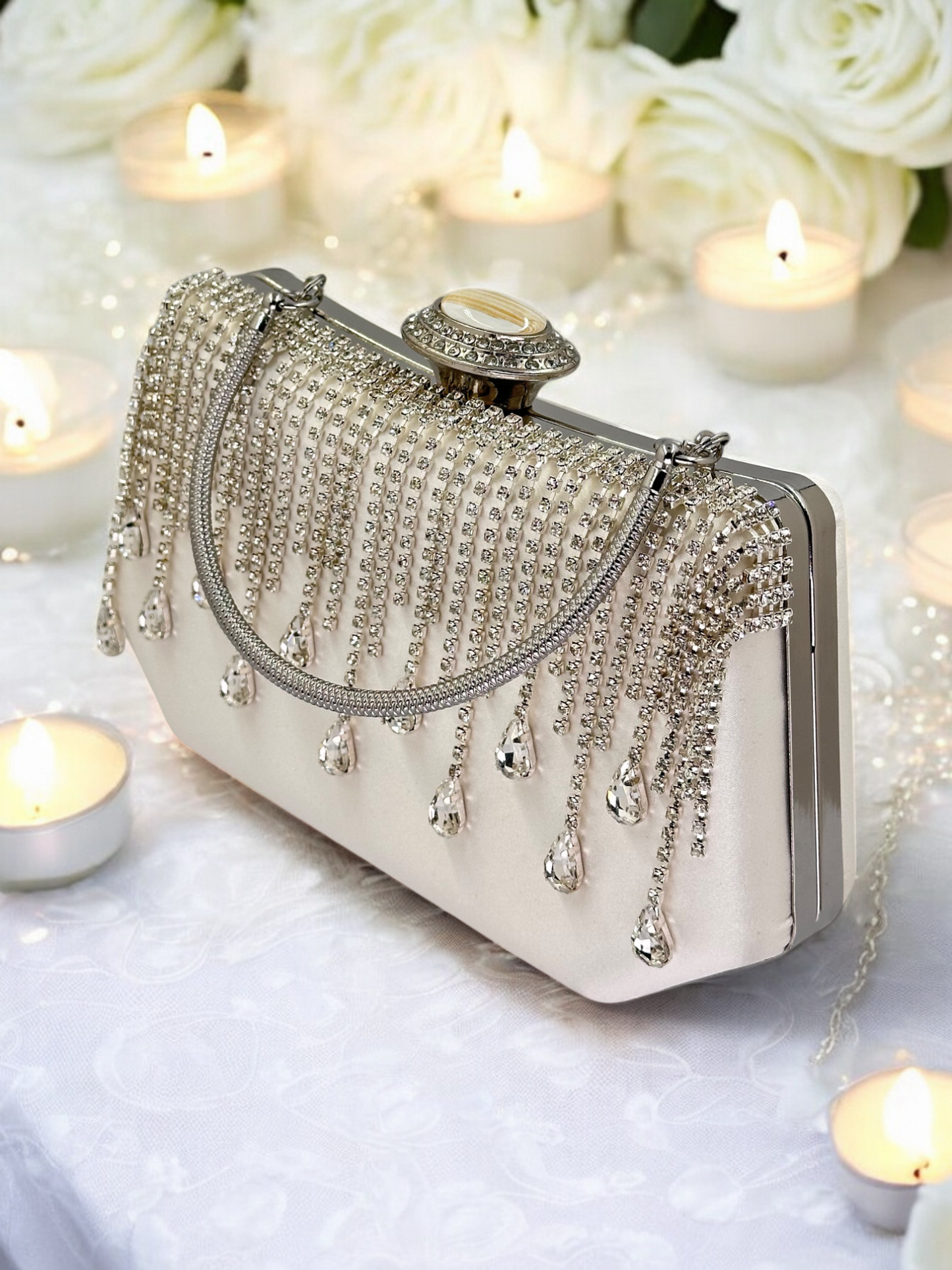 Swarovski Taşlı İnci Detaylı Lüks Saten Abiye Çanta