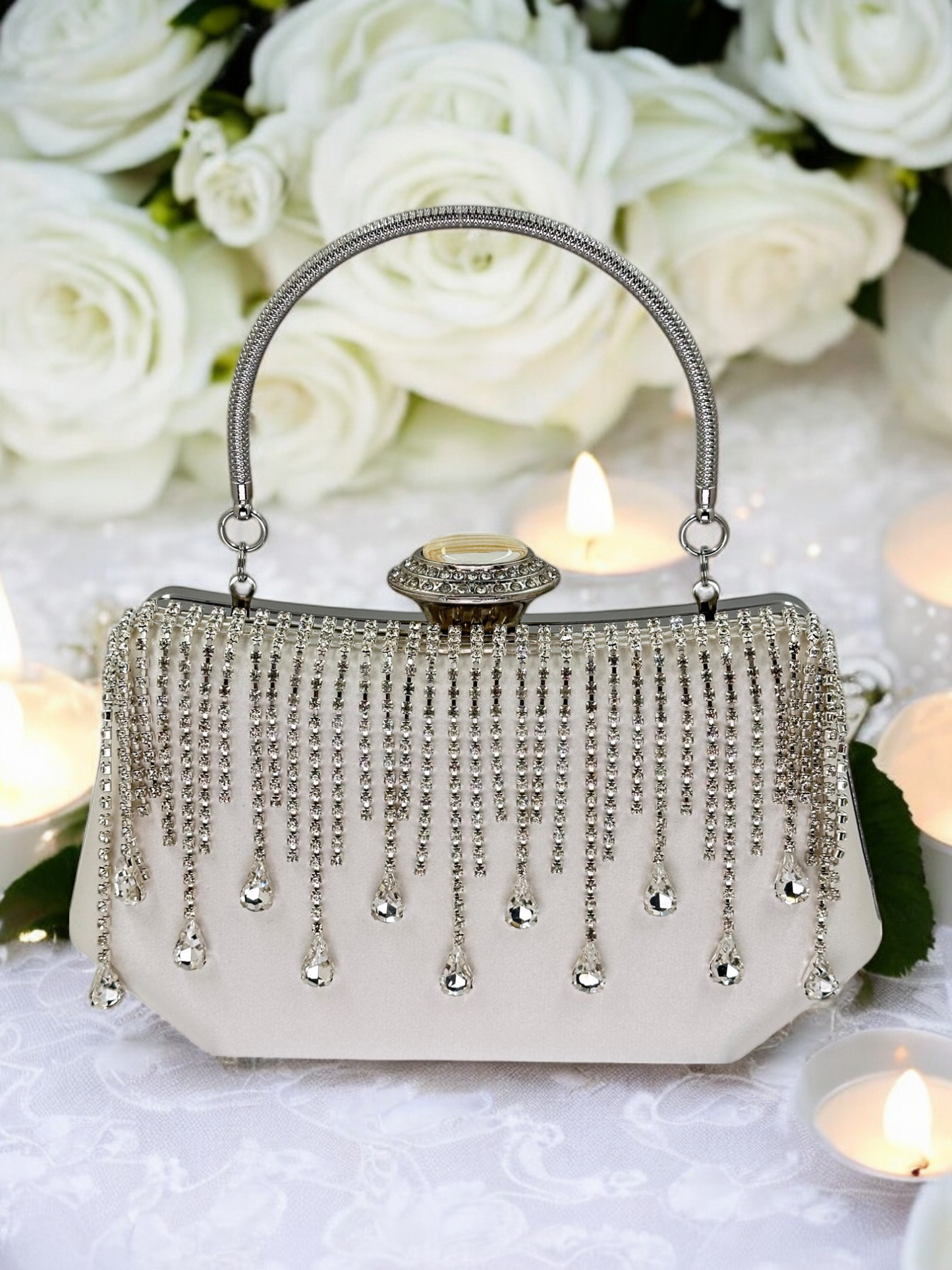 Swarovski Taşlı İnci Detaylı Lüks Saten Abiye Çanta