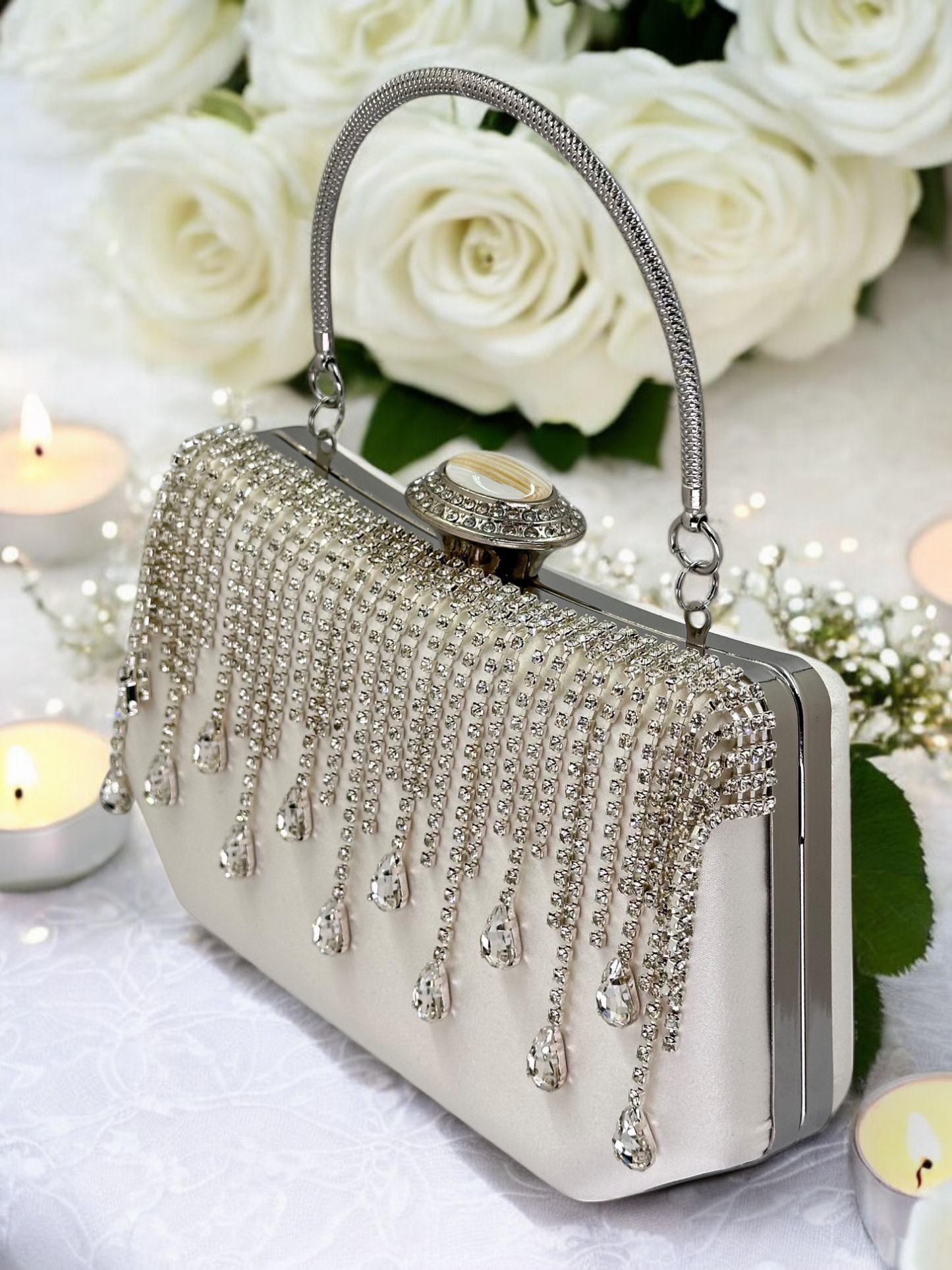 Swarovski Taşlı İnci Detaylı Lüks Saten Abiye Çanta