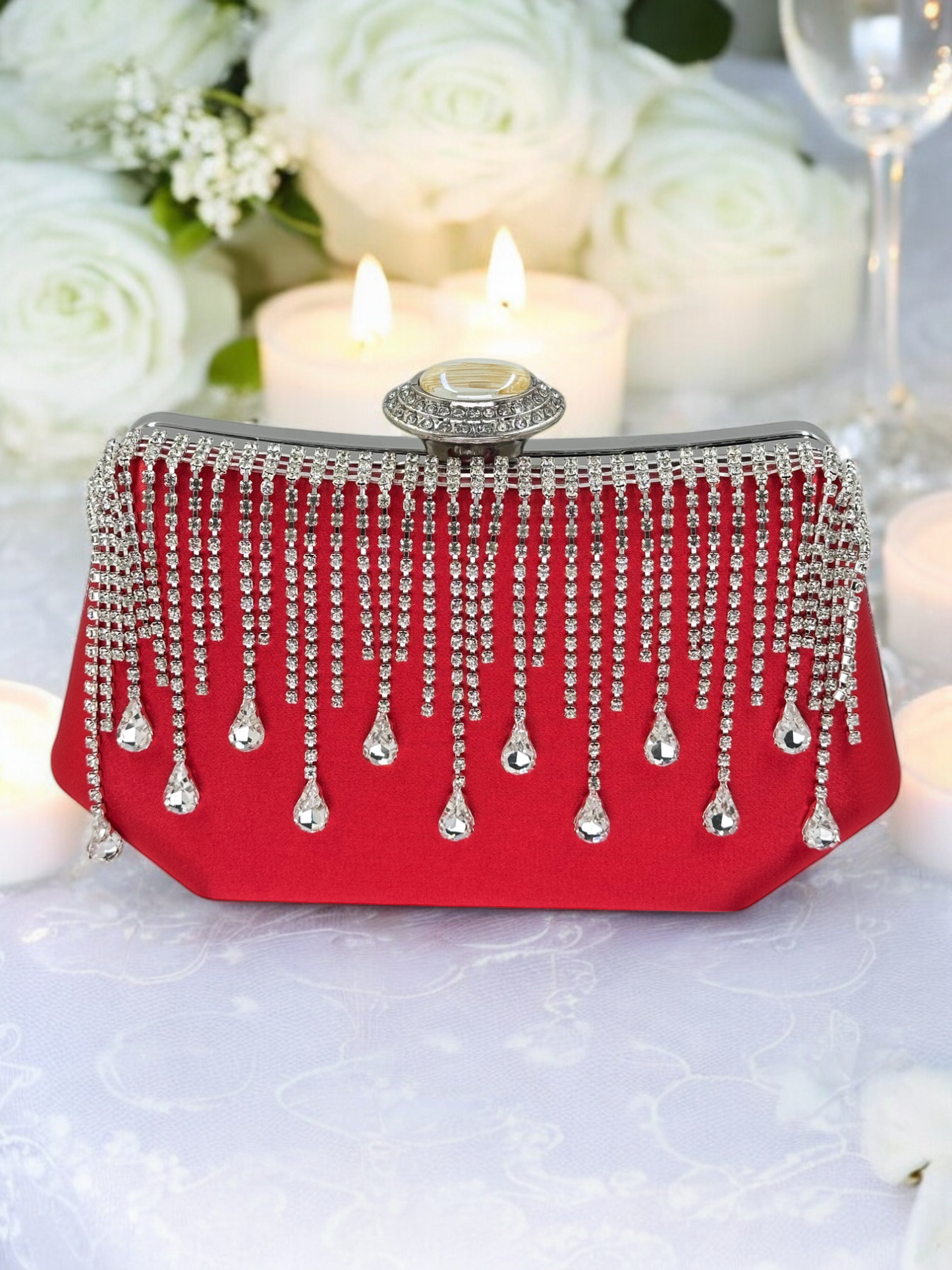 Swarovski Taşlı İnci Detaylı Lüks Saten Abiye Çanta