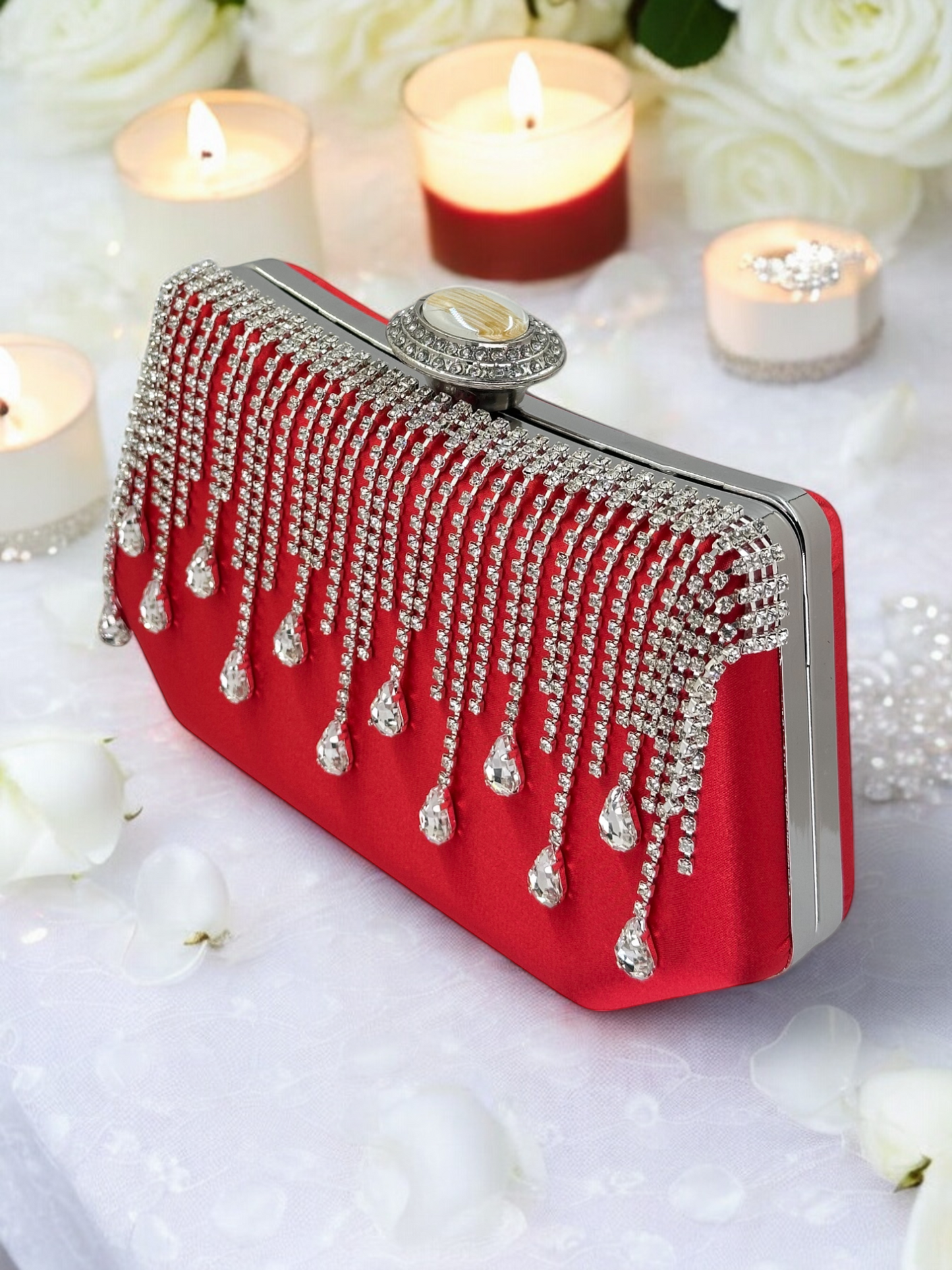 Swarovski Taşlı İnci Detaylı Lüks Saten Abiye Çanta